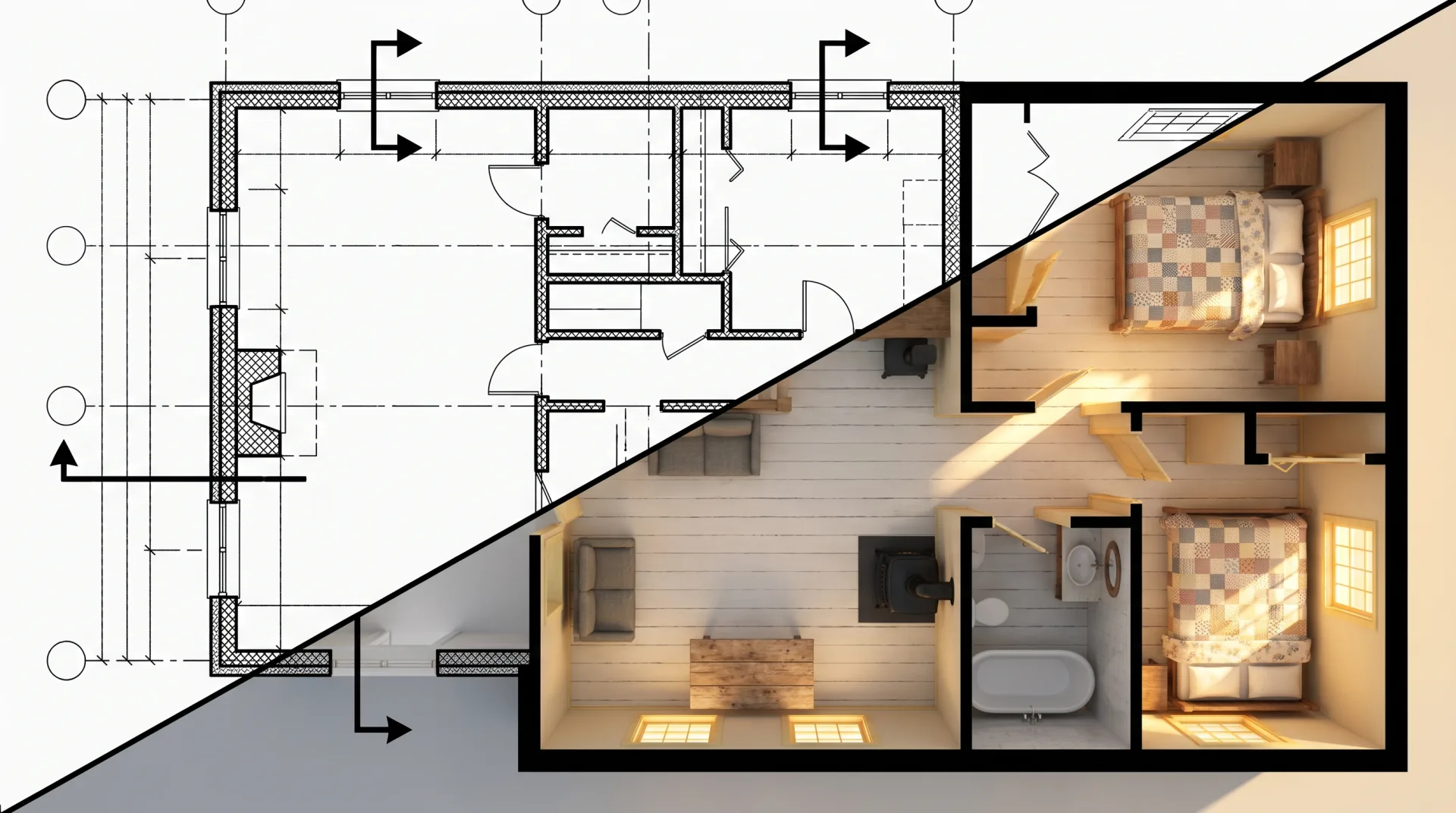 A cottage plan split diagonally: a dense construction drawing with dimension lines on one side and the same plan as a furnished 3D floor plan on the other.