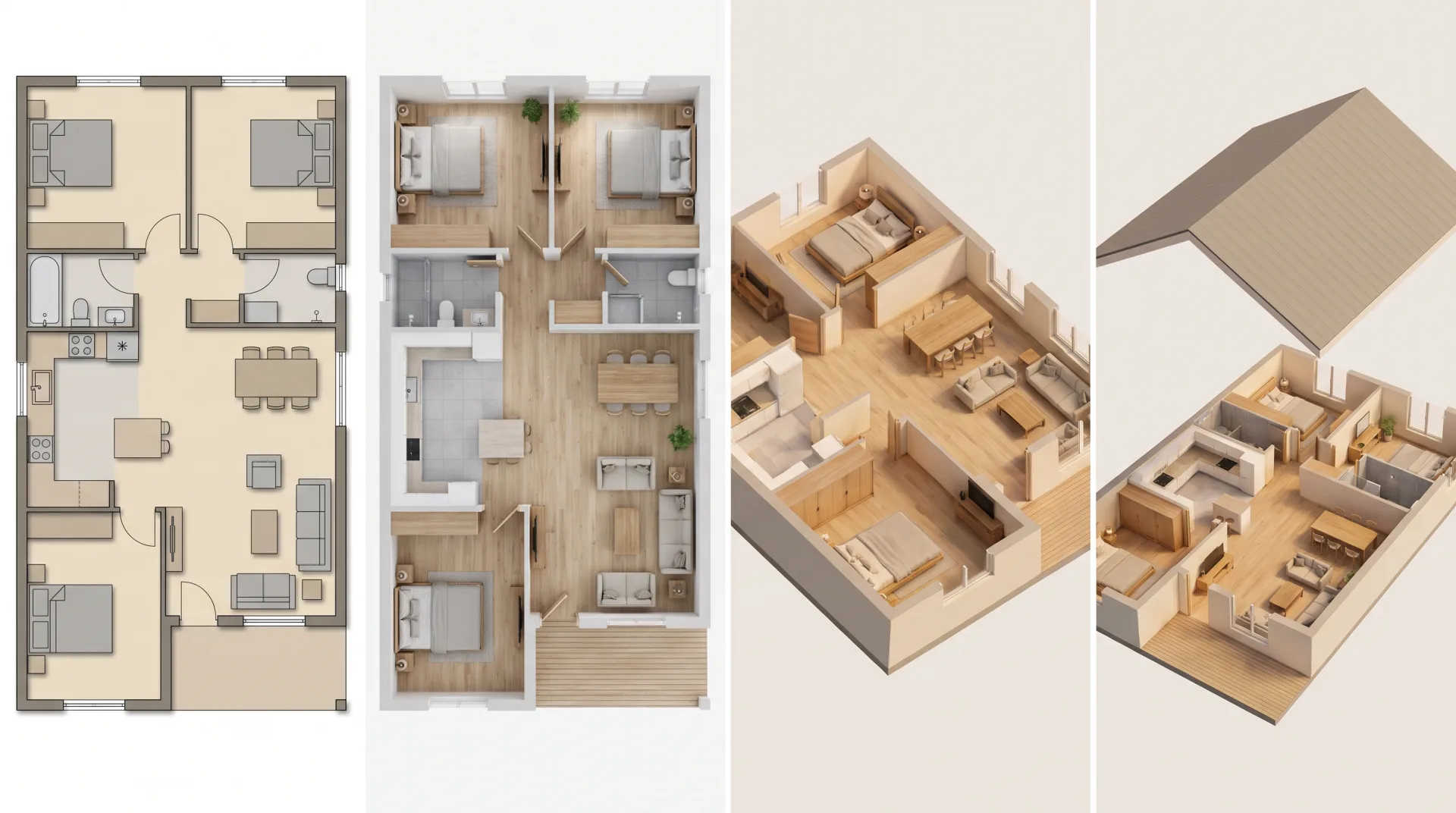 The same three-bedroom house plan four ways: a flat color 2D plan, a 3D top-down plan, an isometric view and a dollhouse cutaway.