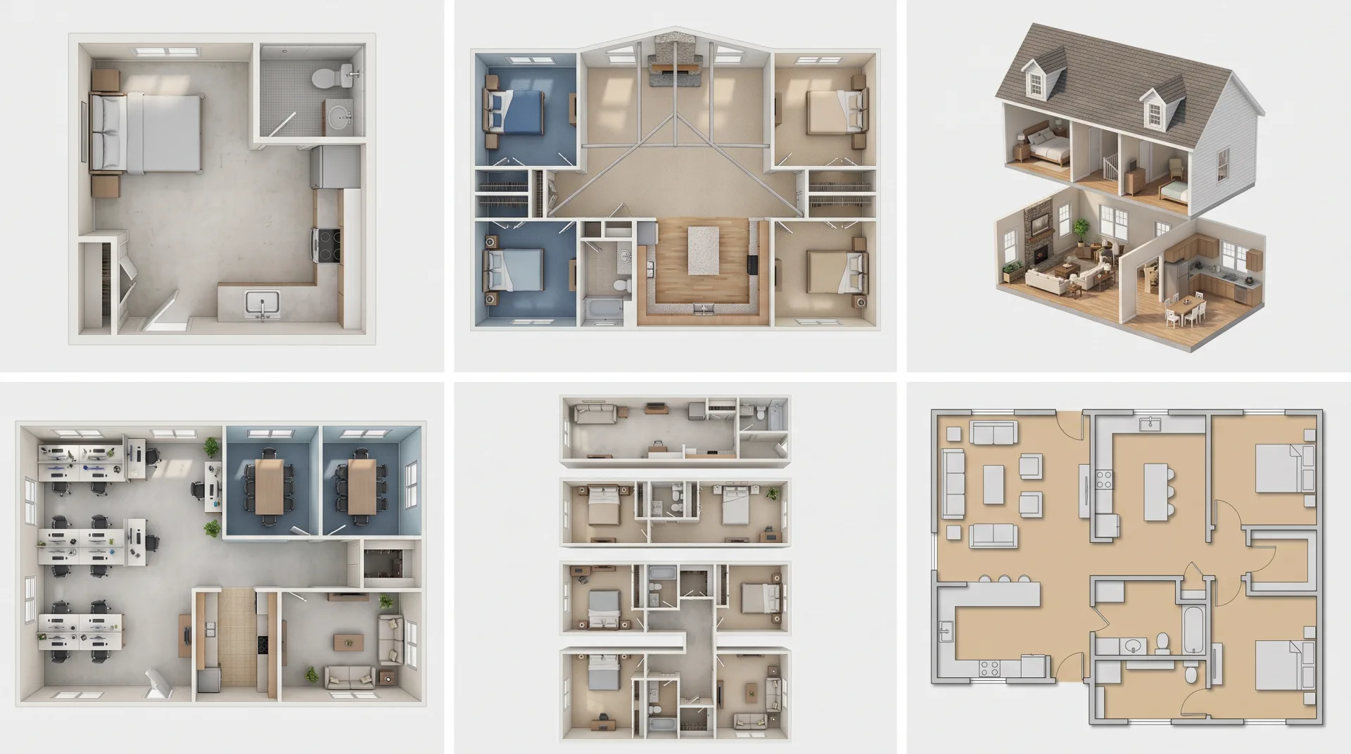 Six floor plans in a row: a studio, a three-bedroom ranch, a two-story dollhouse cutaway, an office floor, four stacked unit types and a color 2D plan.