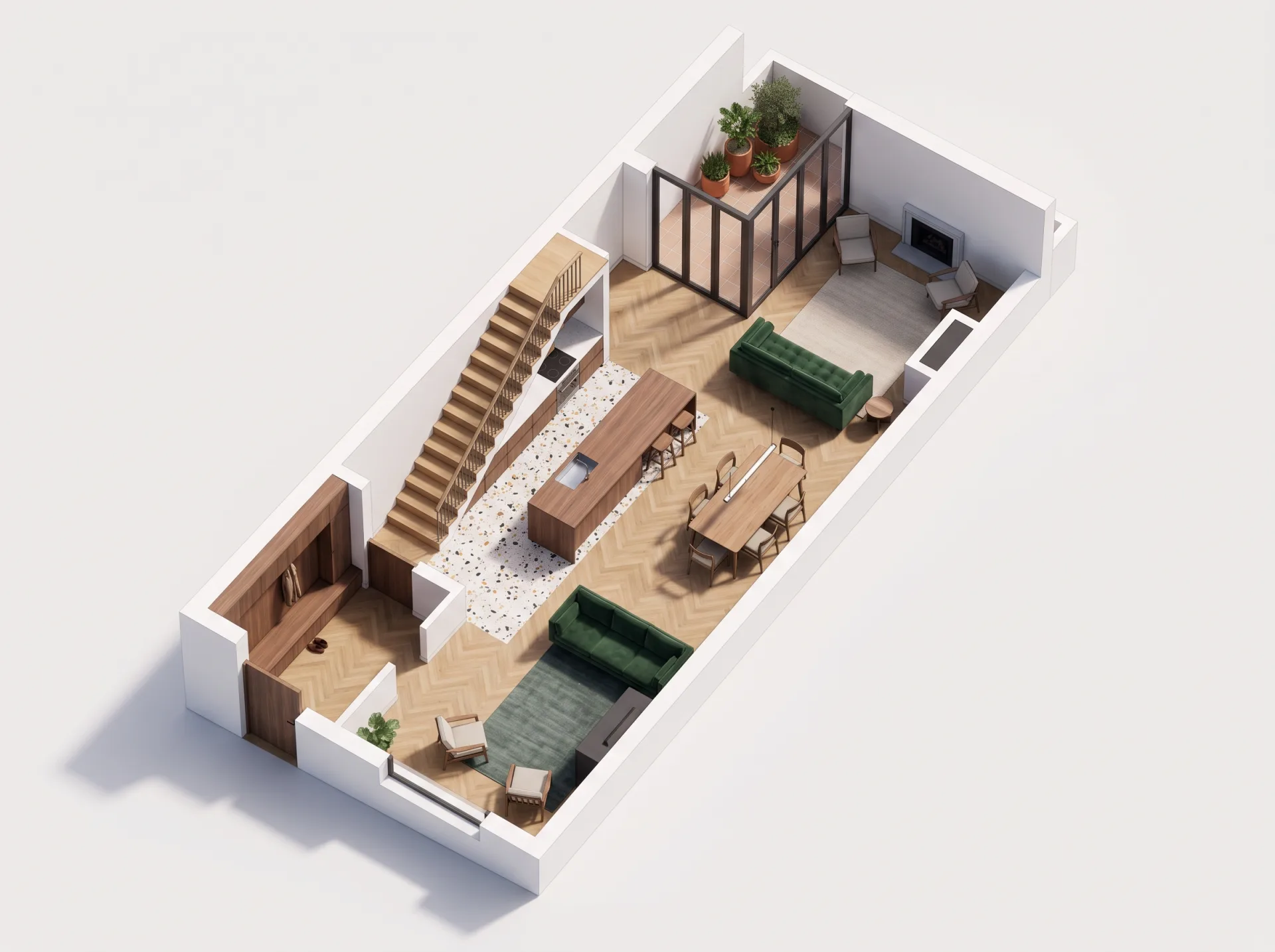 A top-down 3D floor plan of a townhouse main level with a stair, a walnut kitchen island, a dining table, a green sofa by a fireplace and a rear patio.