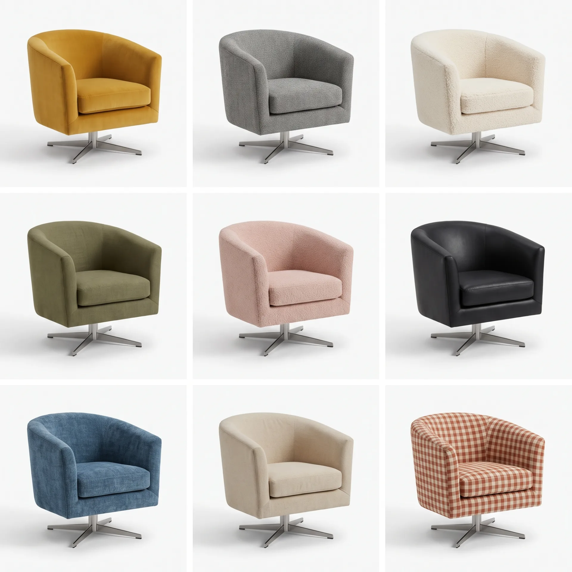 A grid of nine images of the same barrel-back swivel armchair on white, each in a different fabric from mustard velvet to a terracotta check.