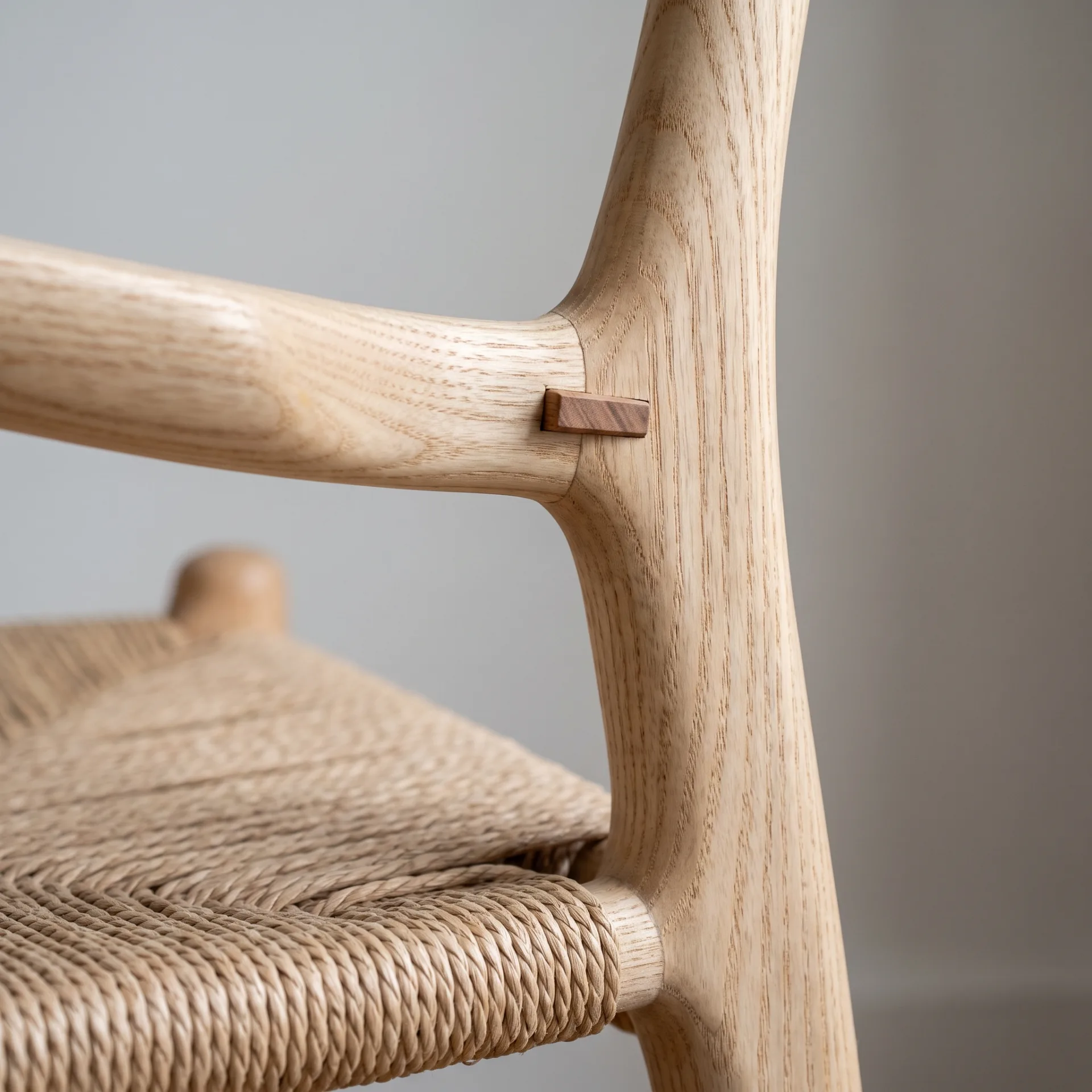 A close-up of an ash armchair joint with an exposed wedged tenon, beside the woven paper-cord seat.