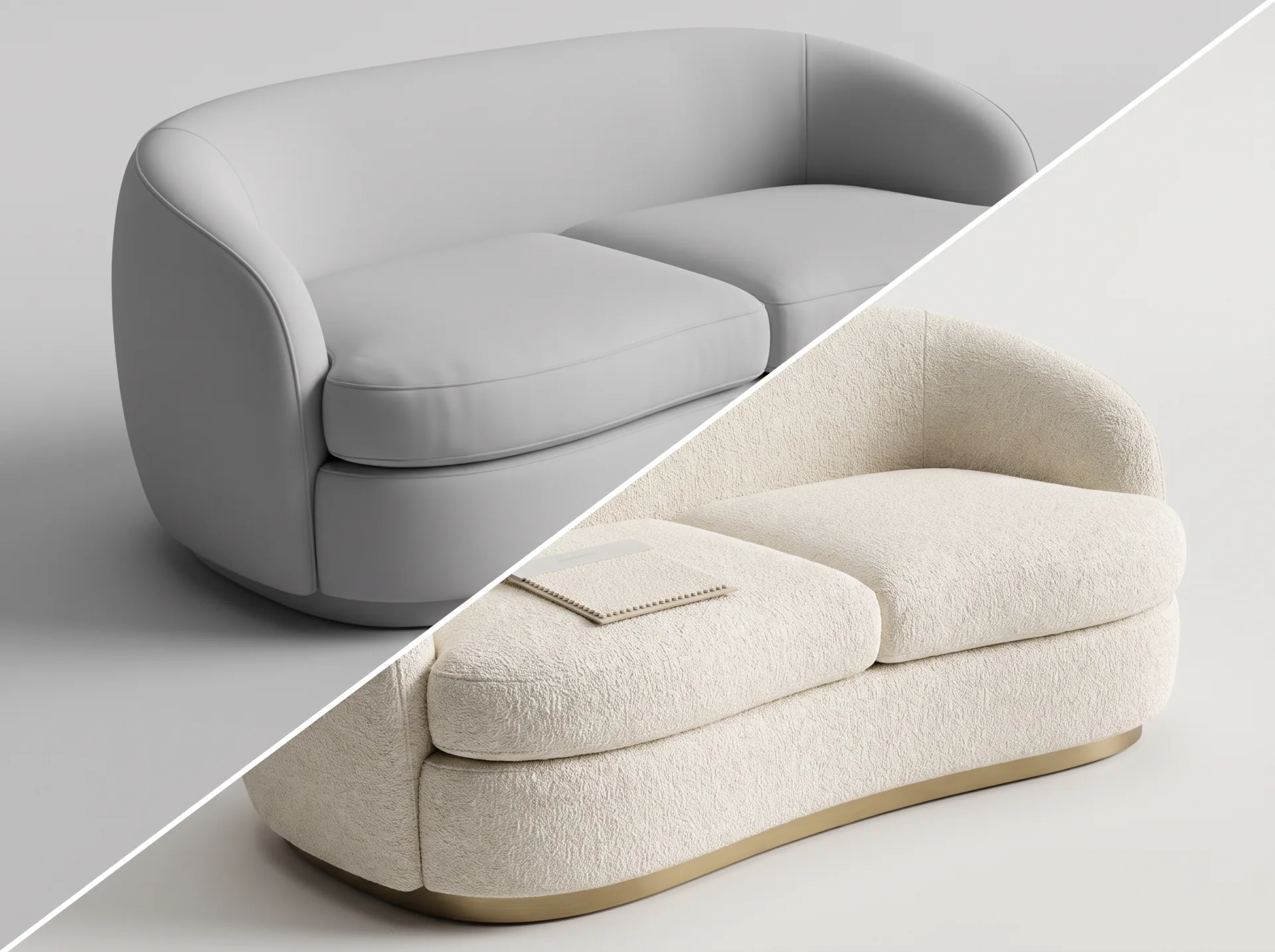 A curved loveseat split diagonally: gray clay model above, finished ivory boucle with a brass base and a fabric swatch on the seat below.