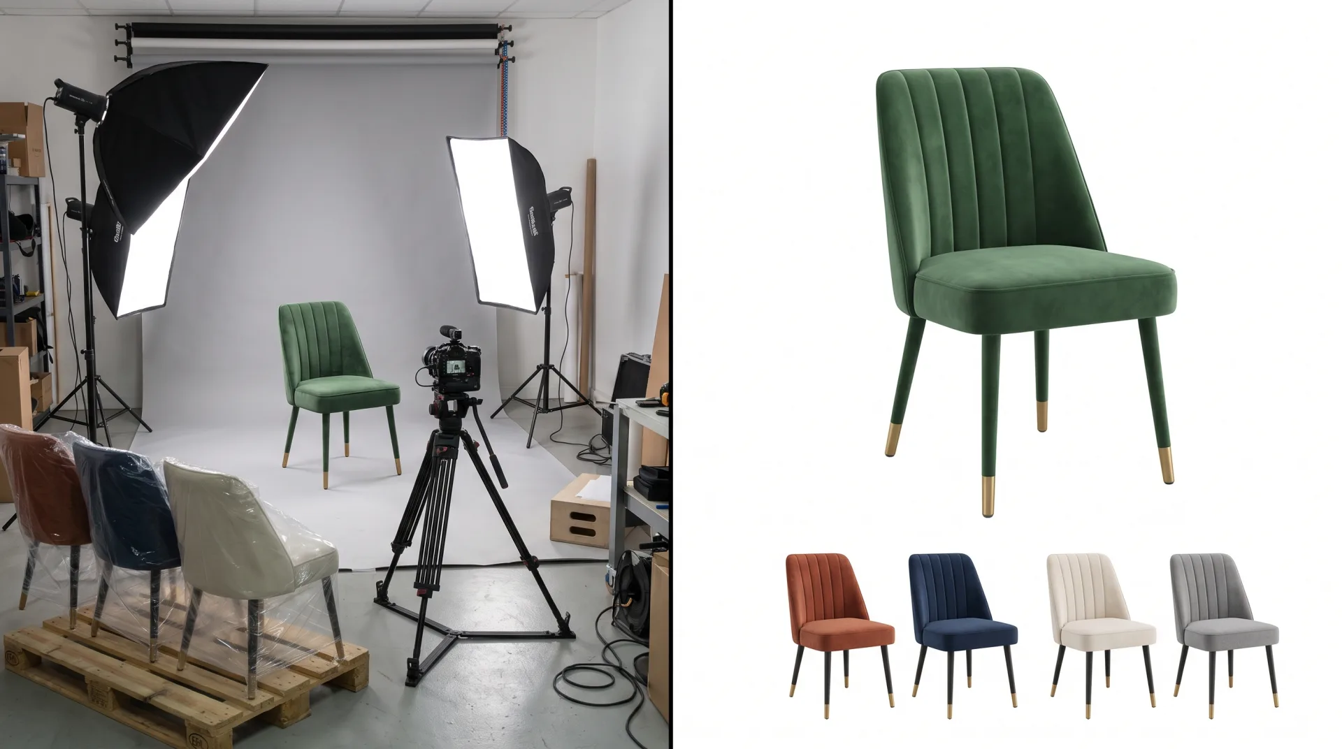 Split image: a photo studio shooting a green velvet dining chair with more upholstered samples waiting, beside the same chair rendered on white with four color variants beneath.