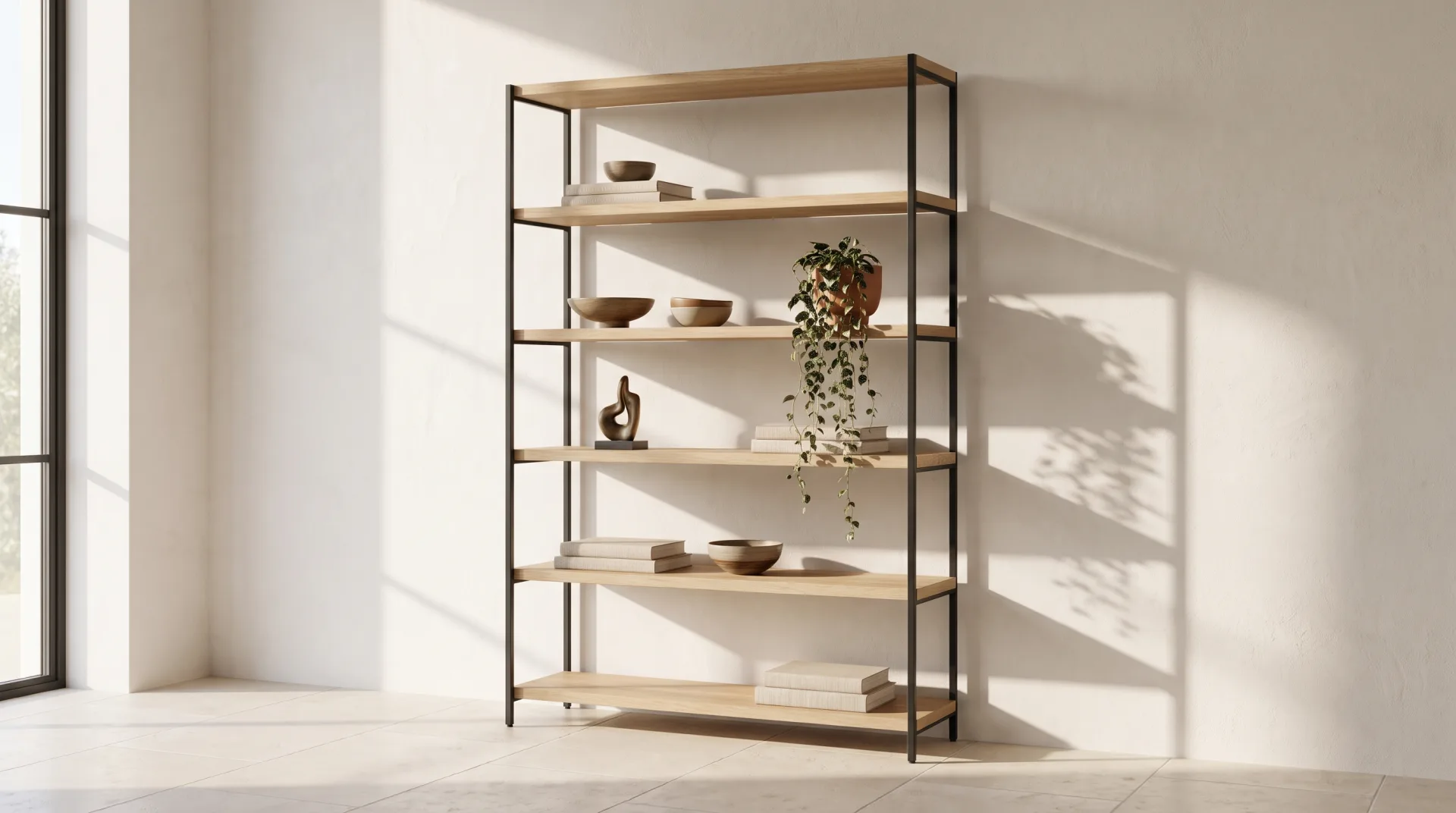 A tall open bookcase of white oak shelves in a black steel frame against a white plaster wall, holding books, ceramics and a plant in soft side light.