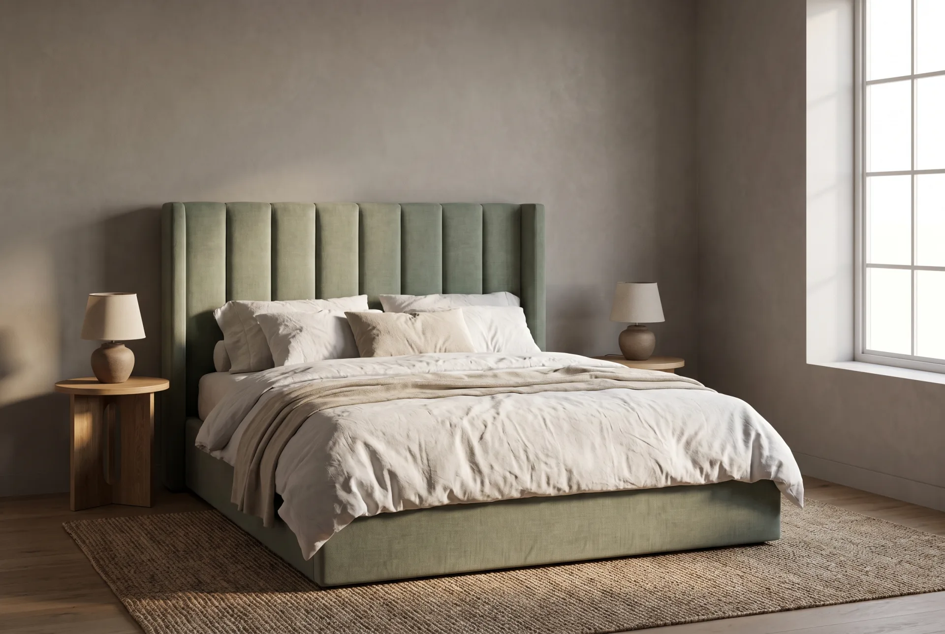 A platform bed with a tall channel-tufted sage linen headboard in a calm bedroom with oak nightstands and a jute rug in morning light.