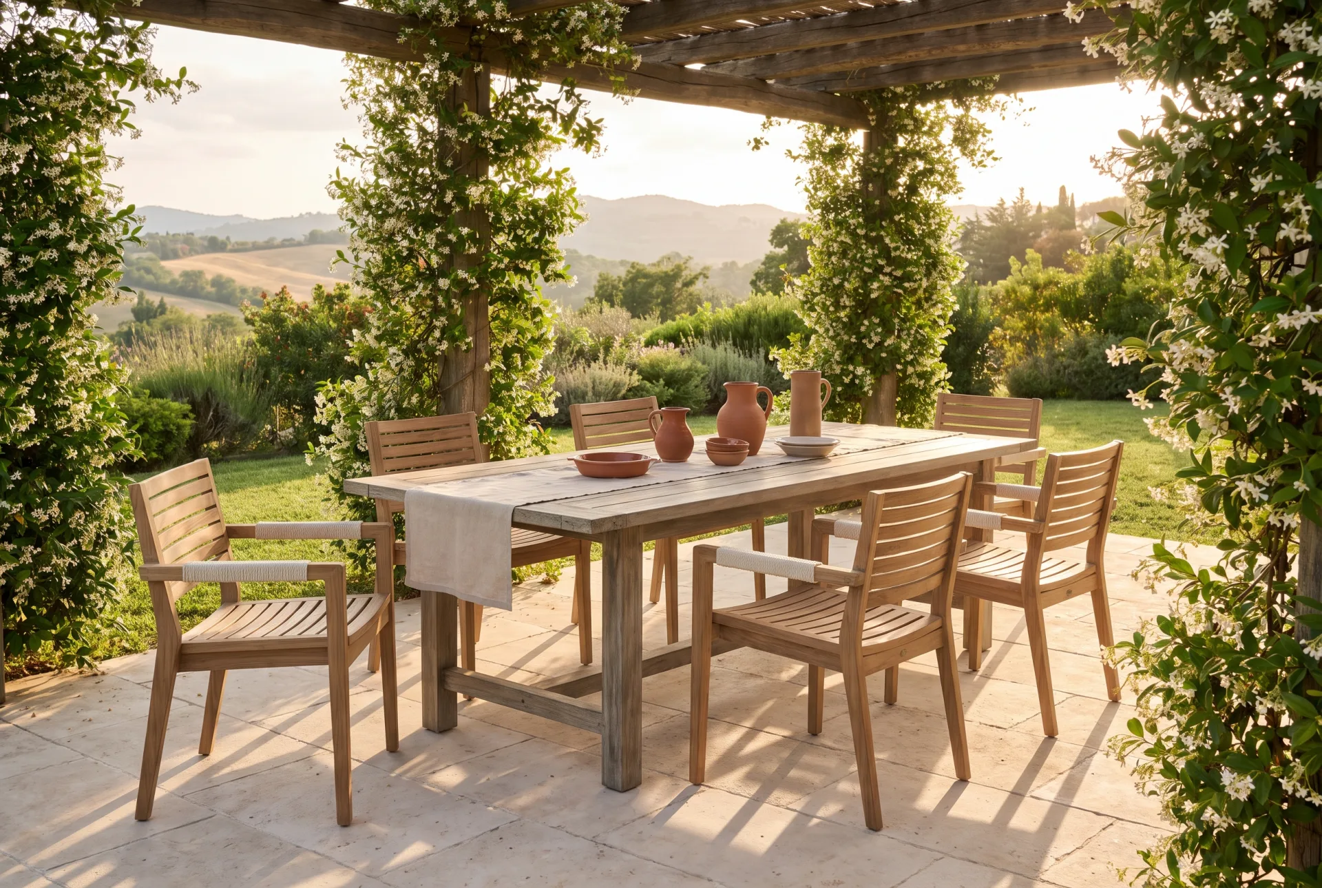 A teak outdoor dining table with six slatted armchairs on a stone terrace under a jasmine-covered pergola in dappled afternoon sun.