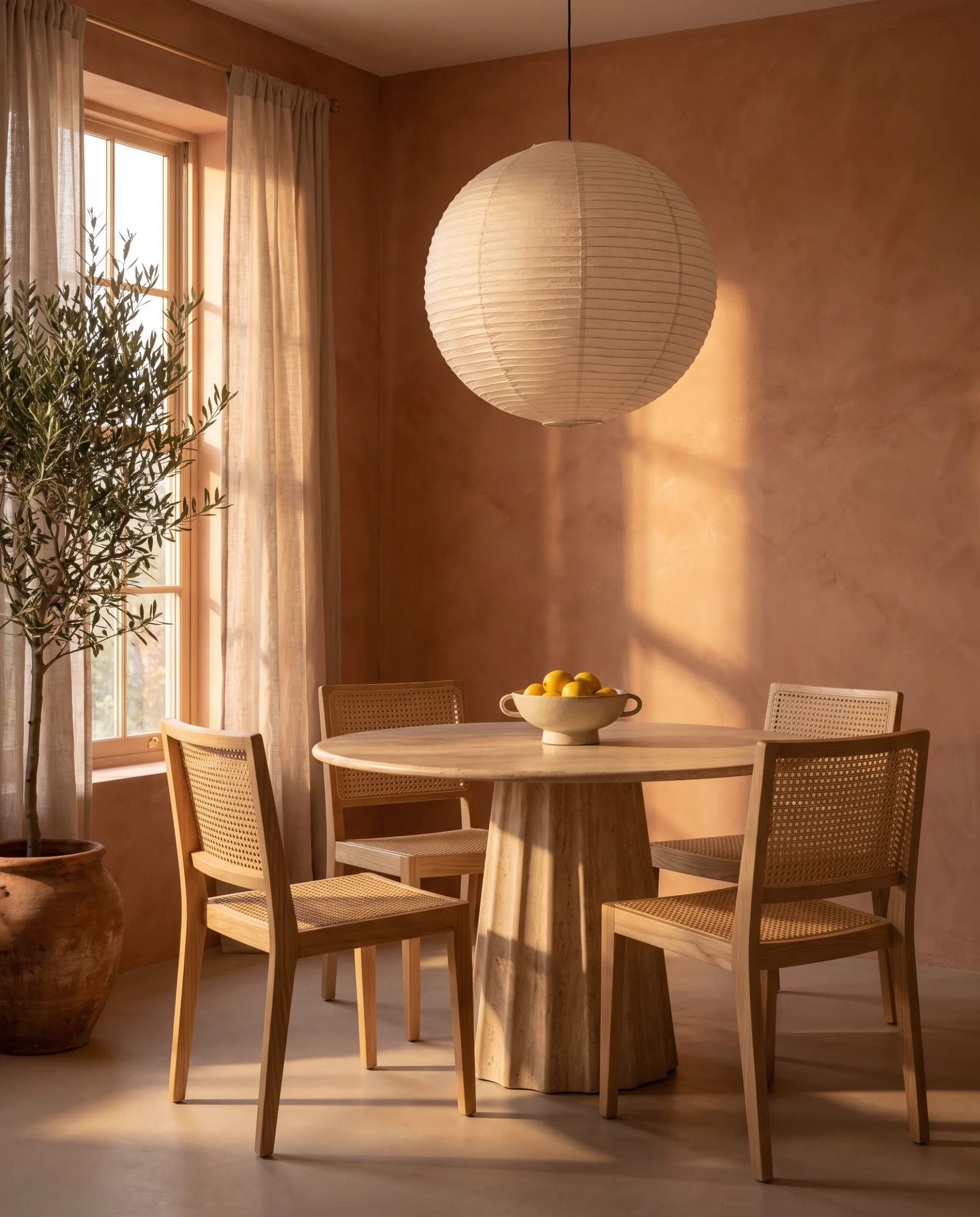 A round travertine pedestal dining table with four cane-back ash chairs in a terracotta-walled dining room under a paper pendant, in warm evening sun.