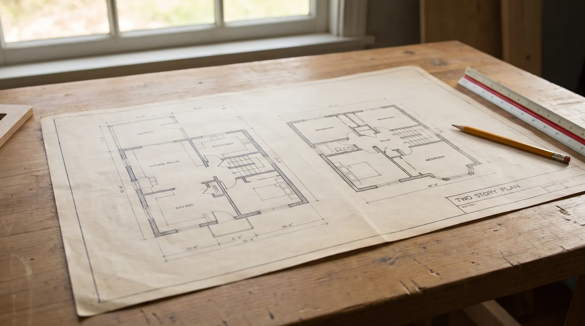 A scanned house plan rises into a white clay model and becomes a finished house exterior at dusk