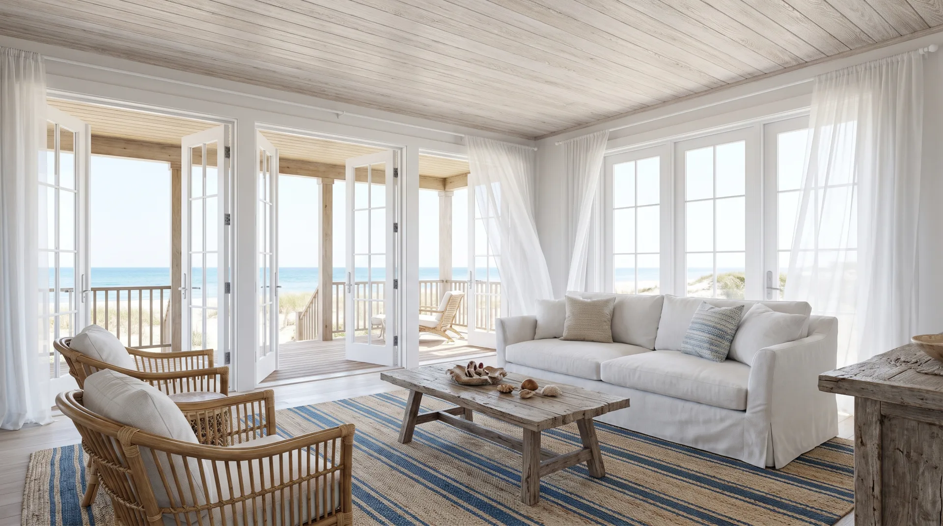 A bright coastal living room with a white linen sofa, rattan armchairs and open French doors onto a porch facing the sea.
