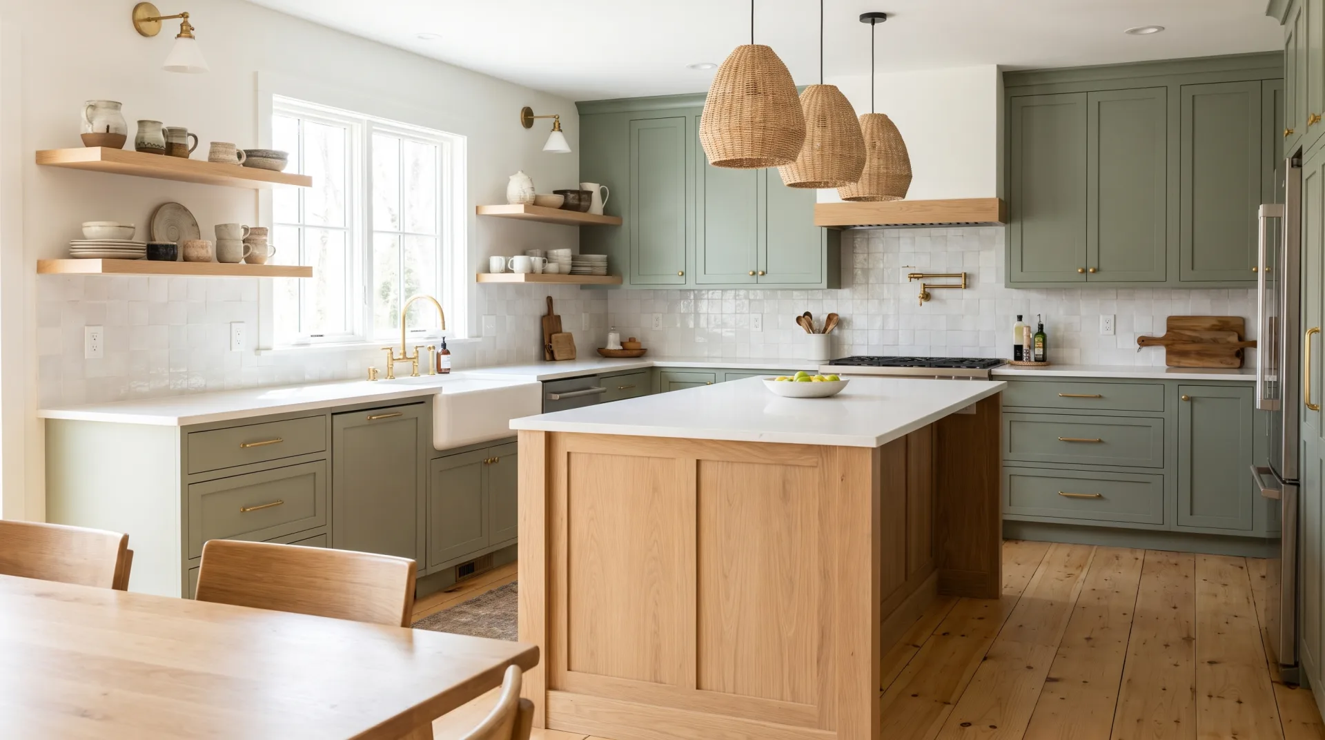 A modern farmhouse kitchen with sage green cabinets, a white oak island, an apron sink and woven pendant lights.
