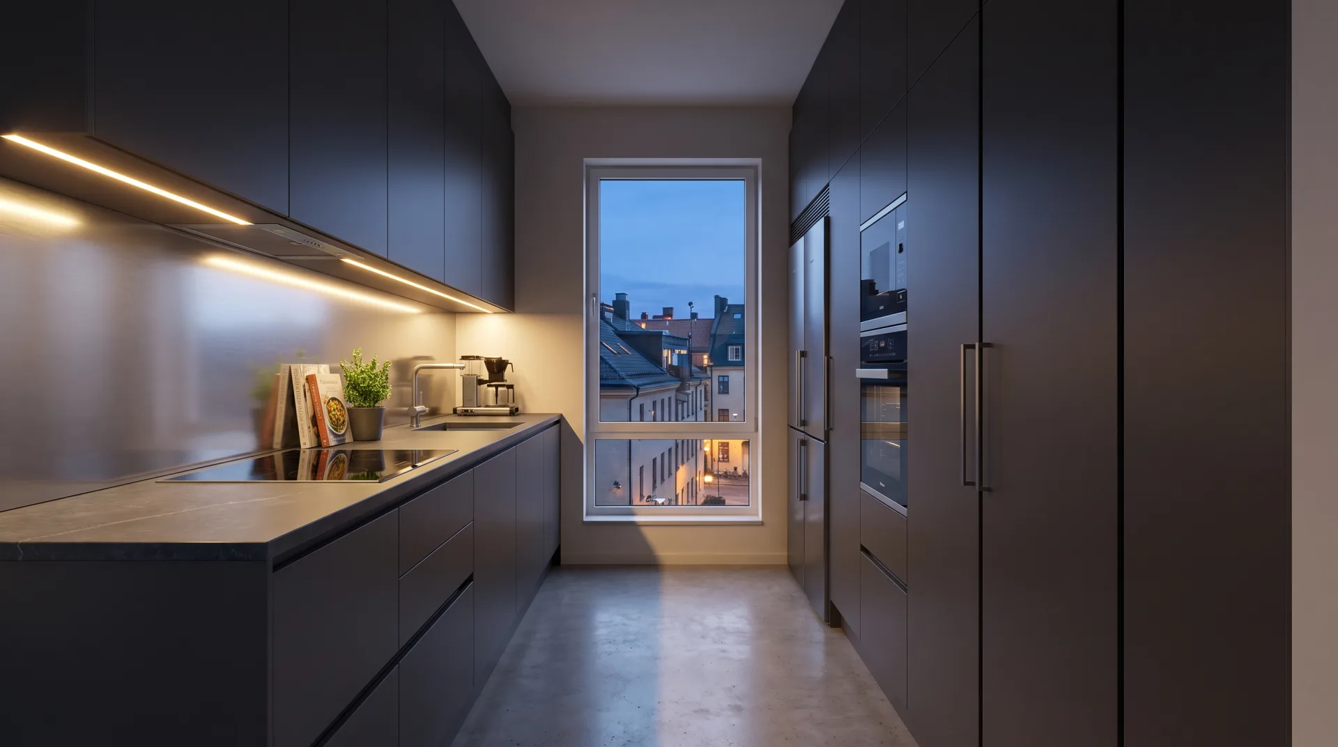 A narrow charcoal galley kitchen with under-cabinet lighting and a window at the end onto rooftops at dusk.