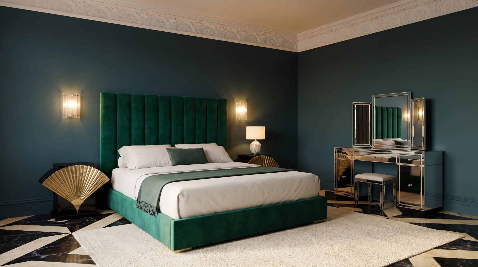 An Art Deco bedroom with an emerald velvet headboard, brass nightstands, ribbed glass sconces and teal walls in lamp light.