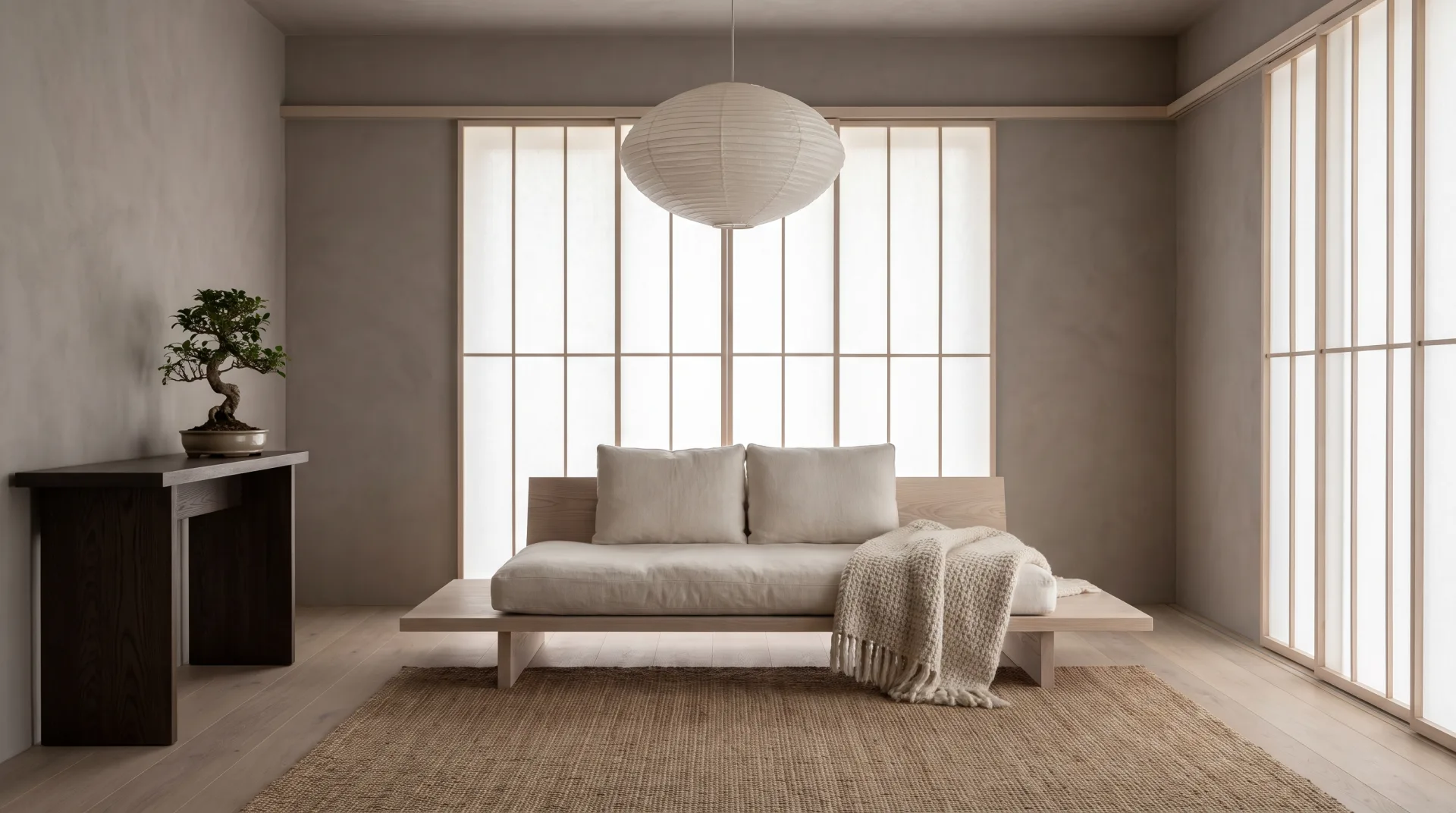 A sparse Japandi living room with a low ash sofa, a paper pendant lamp and soft light through sliding screens.