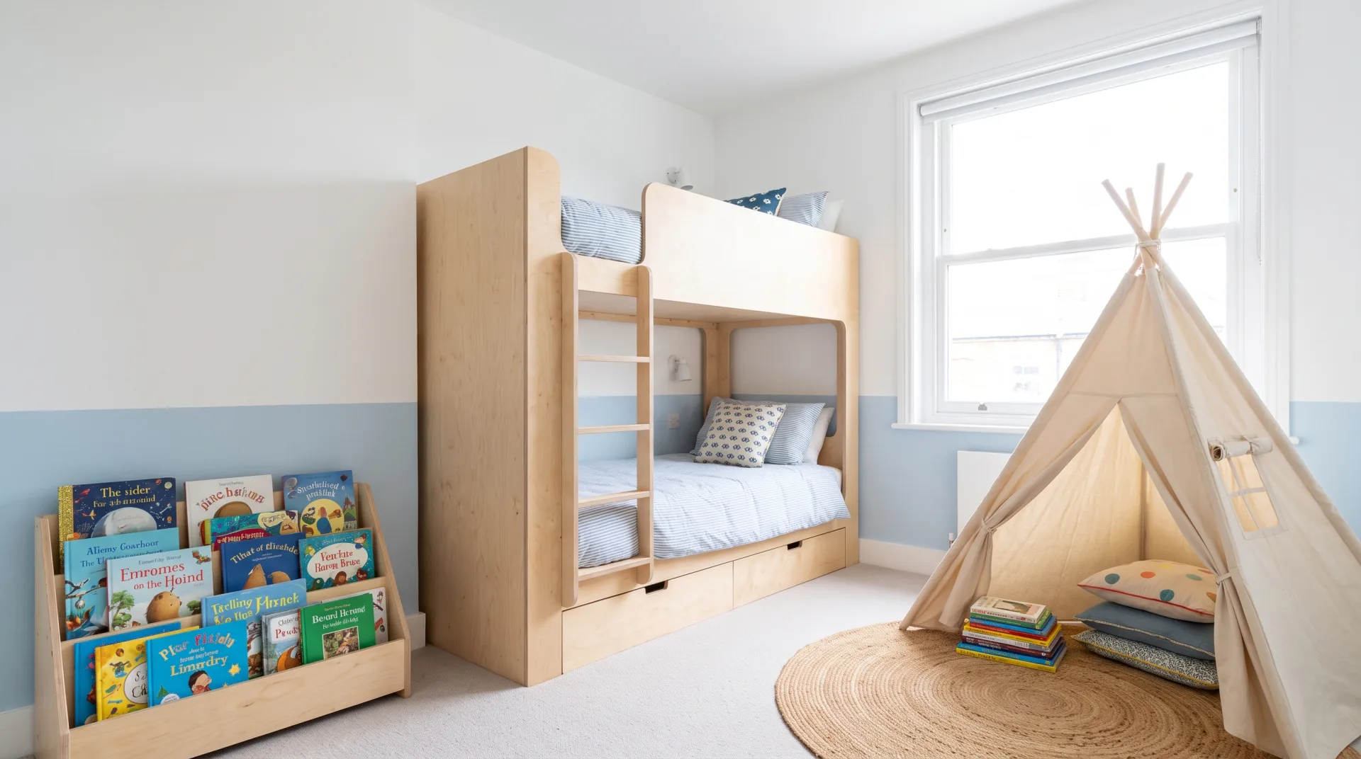 A bright Scandinavian child's bedroom with a birch bunk bed, a canvas reading teepee and a pale blue wall band.