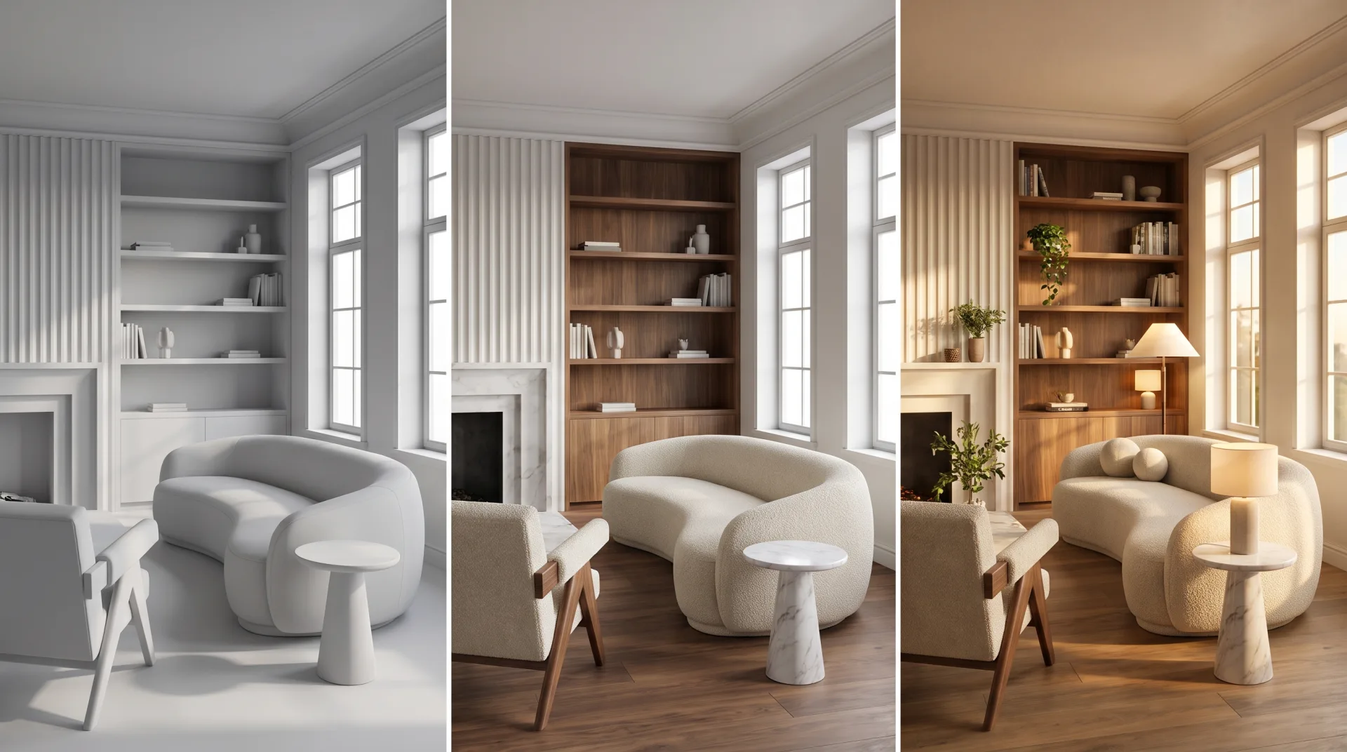 The same living room three times: a gray clay model, the room with materials but flat light, and the finished photoreal render in warm afternoon sun.