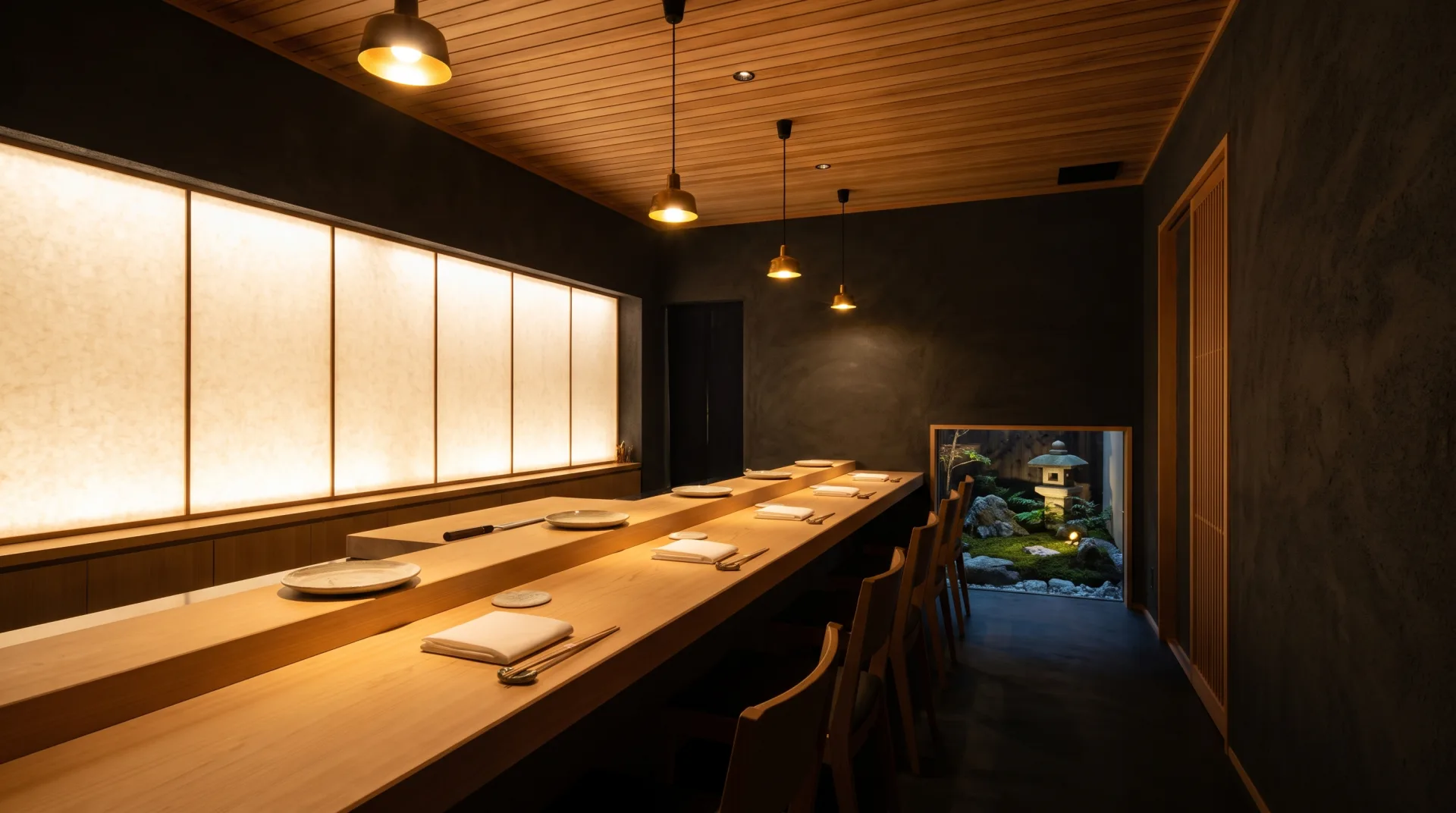 An evening omakase restaurant with one long pale hinoki counter, low stools, a glowing paper wall and dark plaster walls.