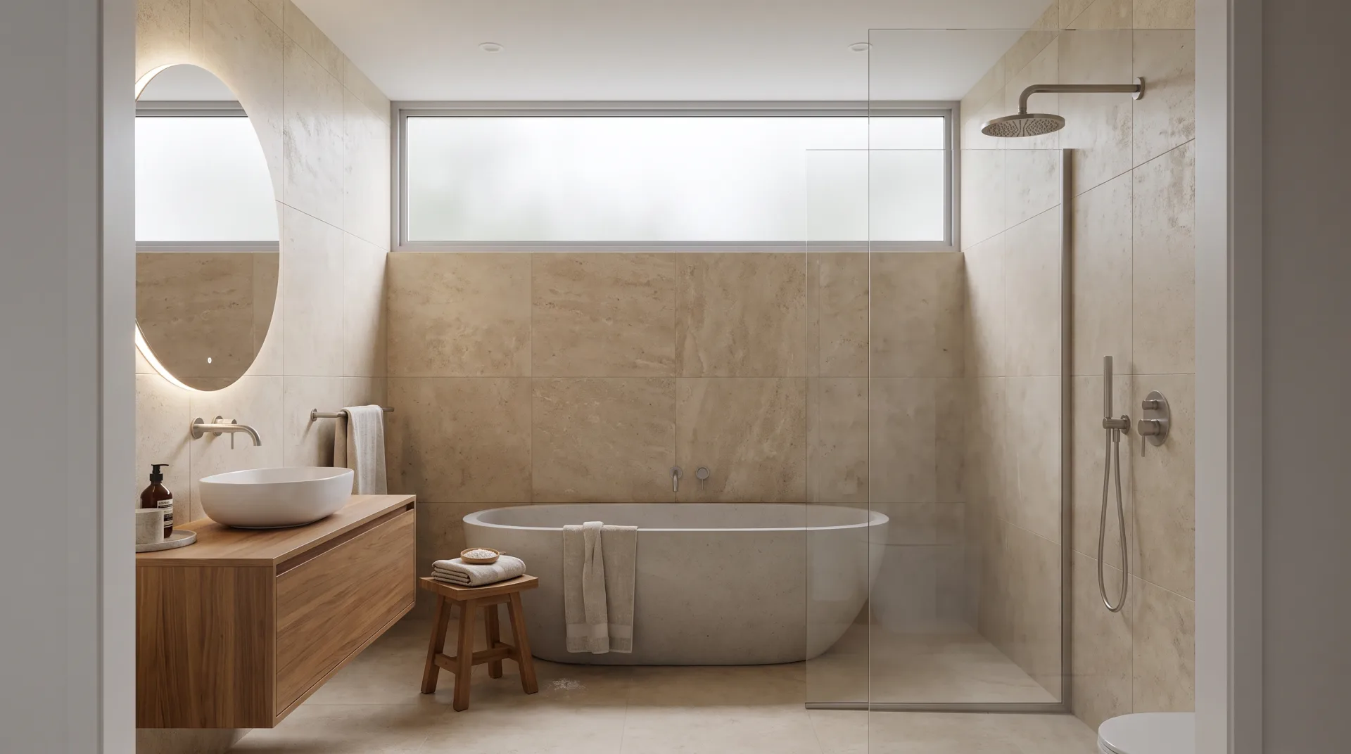 A travertine bathroom with a freestanding tub, a glass walk-in shower and a floating teak vanity.