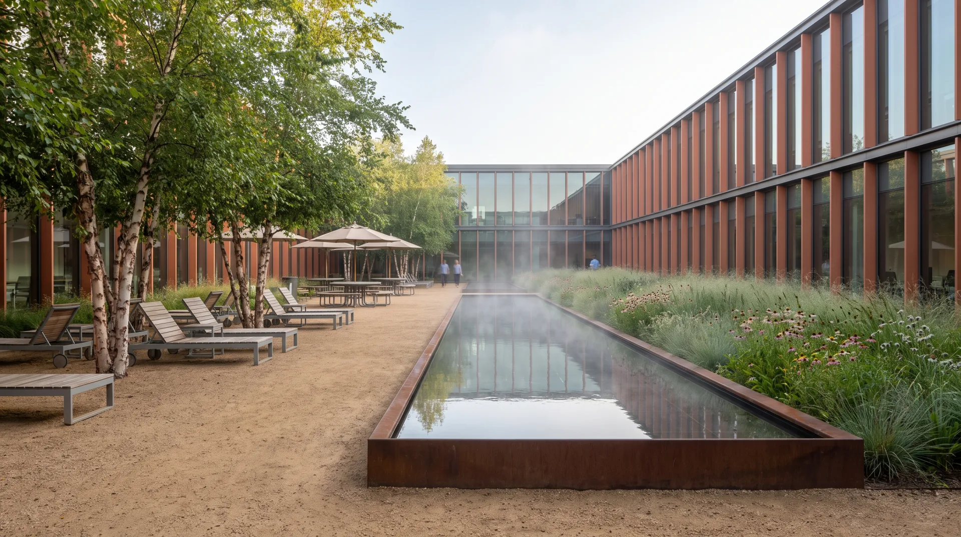 An office campus courtyard with a long reflecting pool, prairie planting and a grove of river birches with seating.