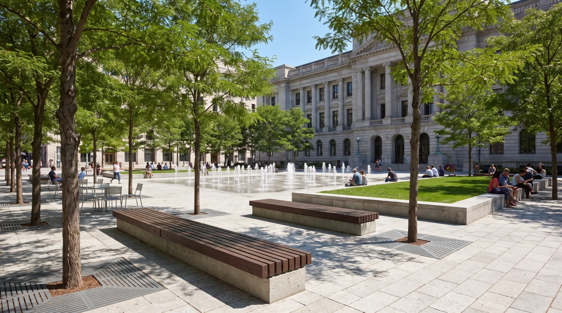 A granite civic plaza with a grid of honey locust trees, ground-level fountain jets and timber benches in front of a stone city hall.