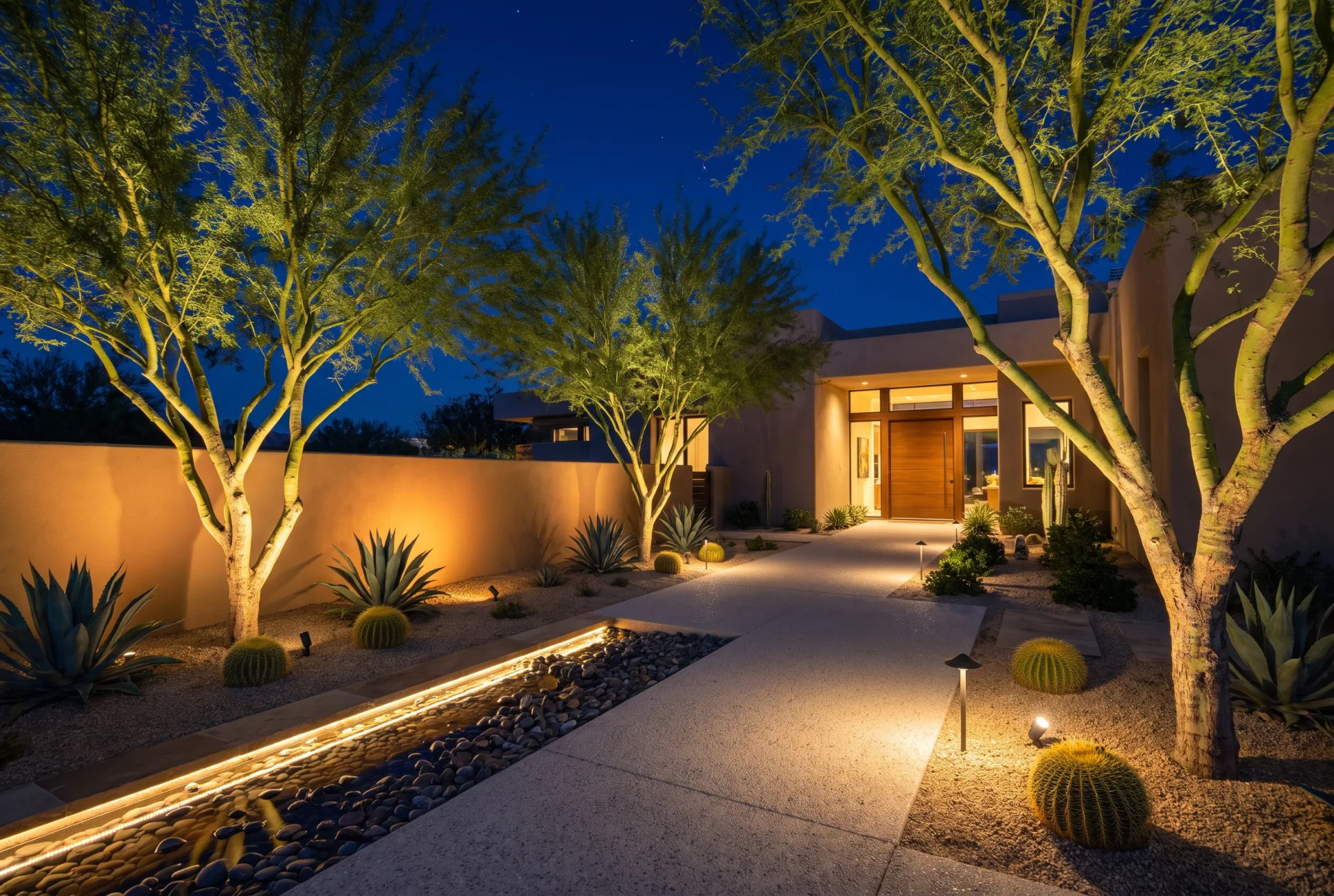 A desert garden at night with uplit palo verde trees, path lights, a lit water rill and spotlit agaves.