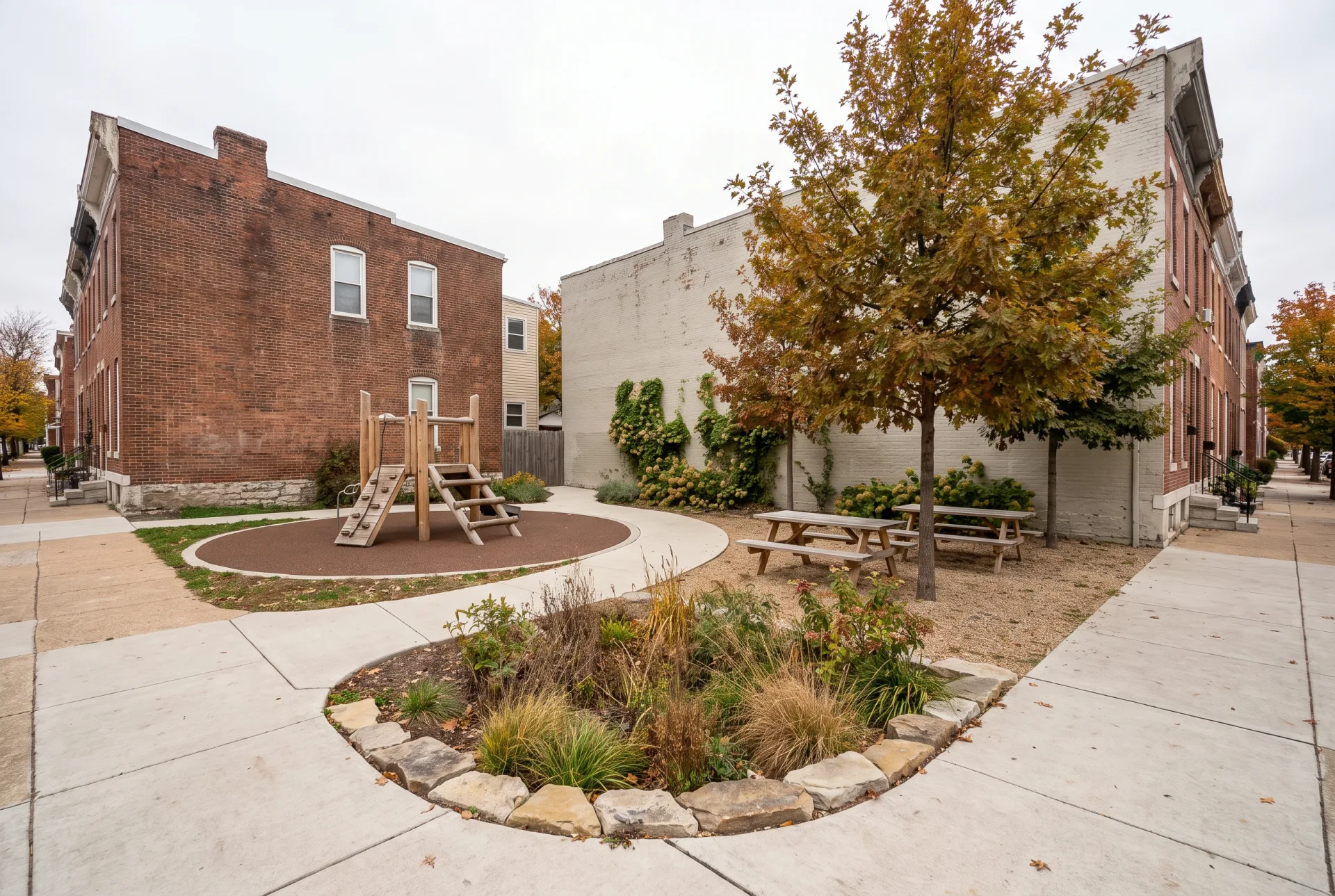 A small corner pocket park with a timber play structure, a planted rain garden, picnic tables and young oaks between brick buildings.