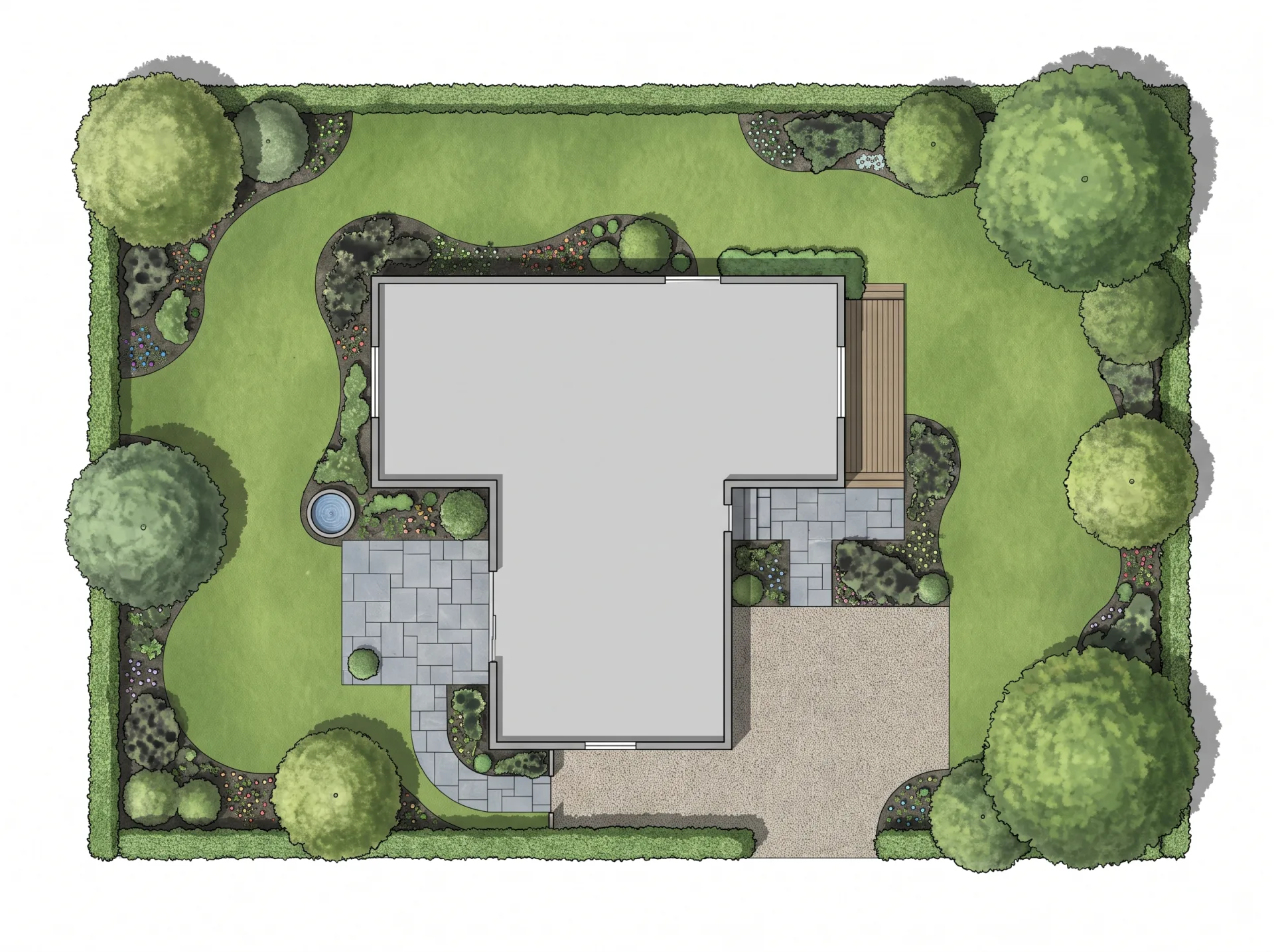 A top-down colored landscape plan of a house lot with shadowed tree canopies, lawn, planting beds, a stone patio and a gravel drive.