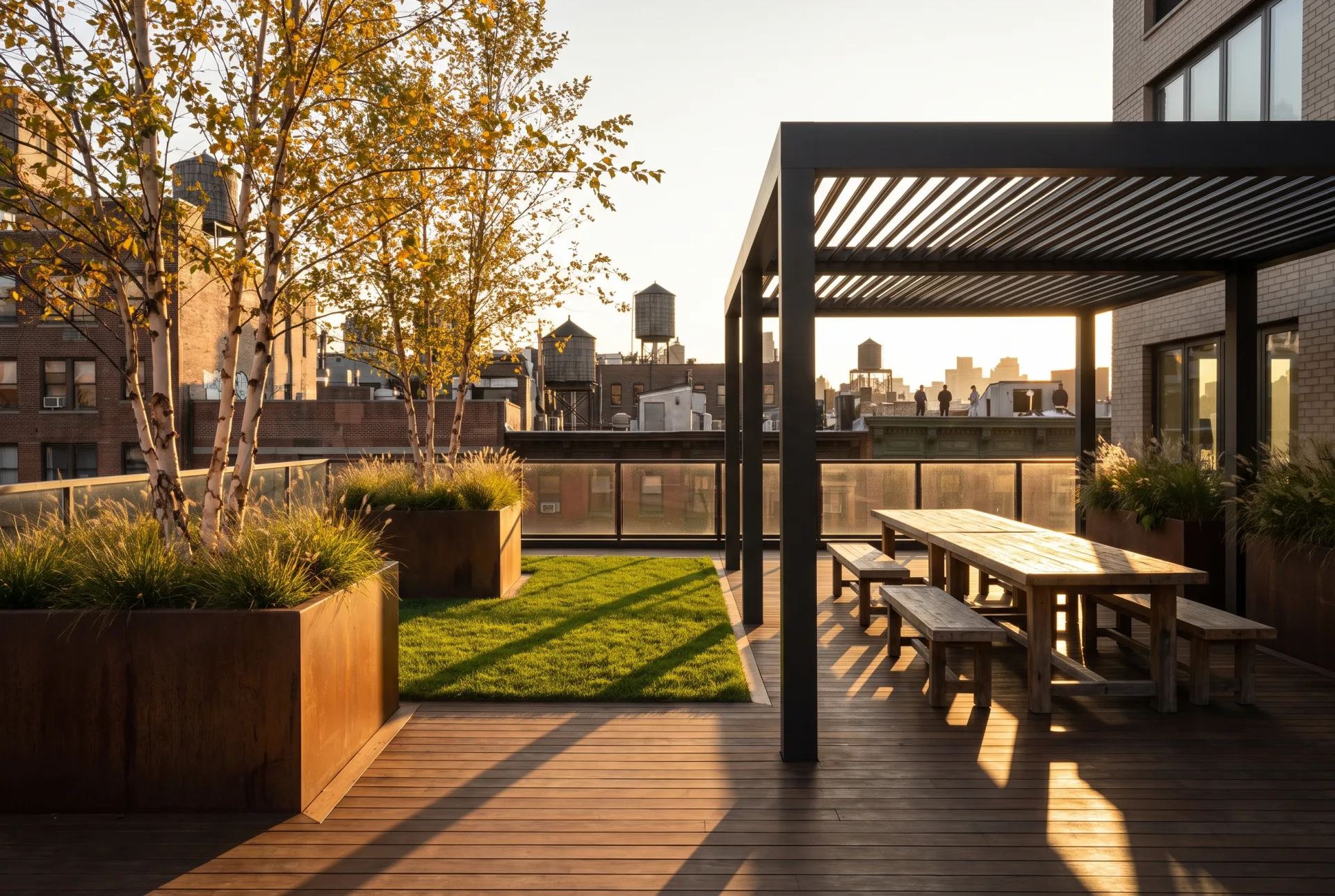 A city rooftop terrace with steel planters of birches and grasses, a timber deck, a pergola over a dining table and old rooftops beyond.