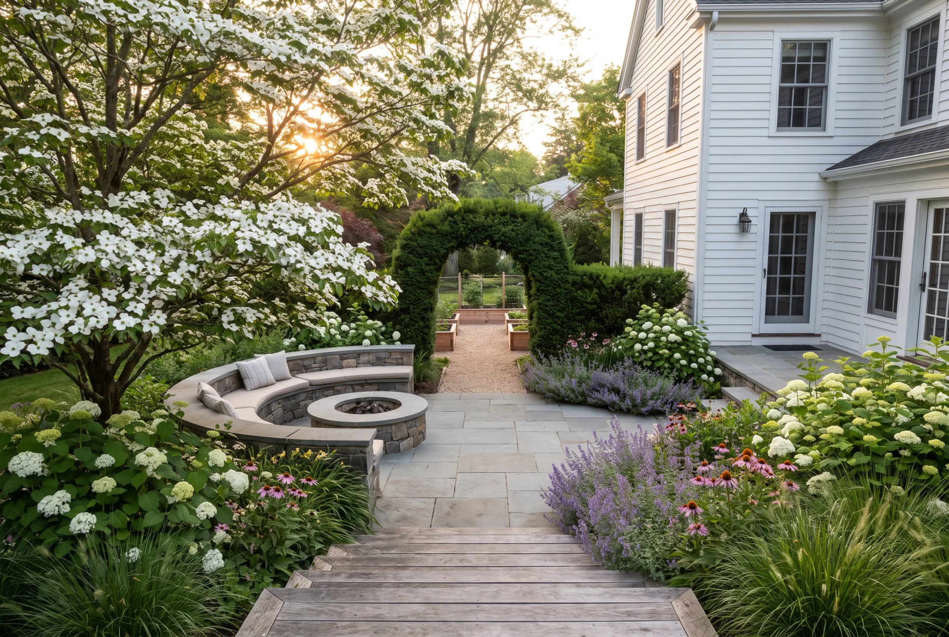 A backyard with a sunken bluestone terrace and fire pit, deep flowering borders and a yew arch leading to raised vegetable beds.