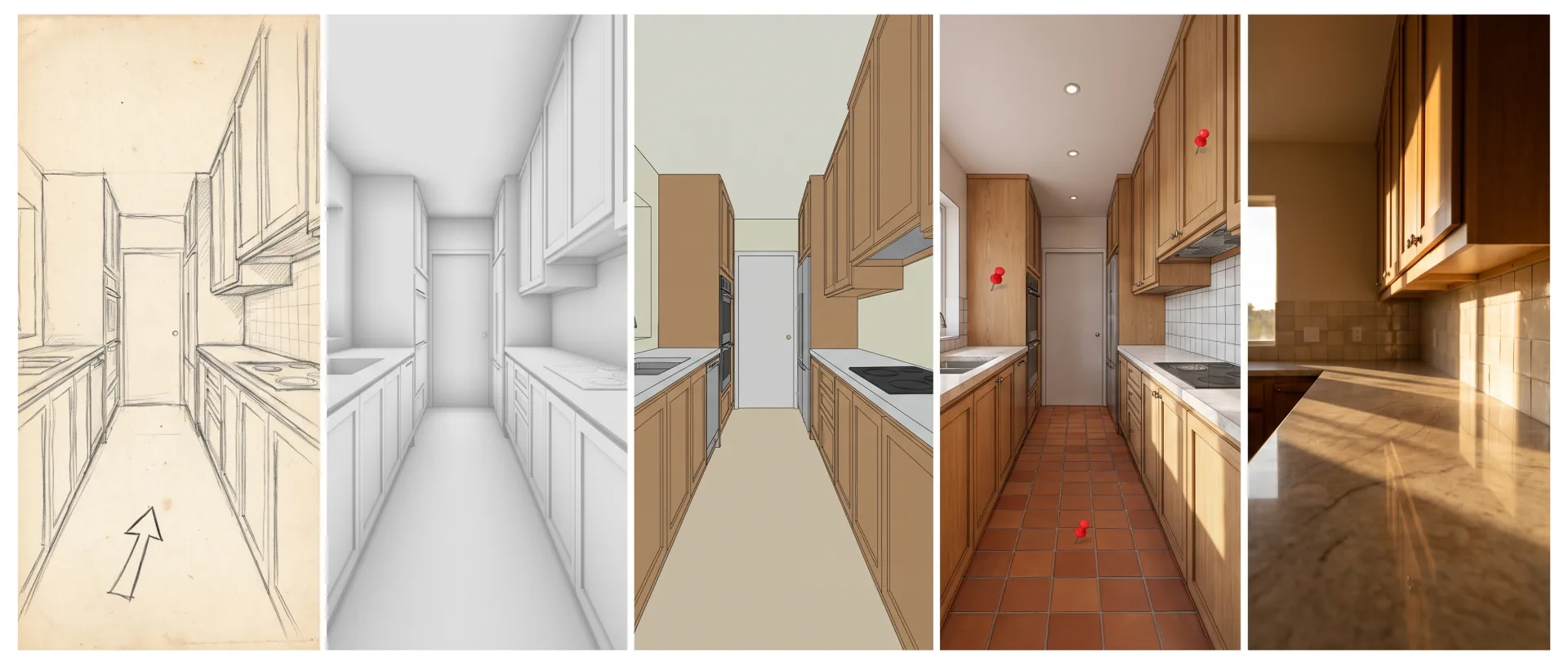 Five frames of one kitchen moving from plan sketch to clay draft, colored draft, revised draft and final rendering