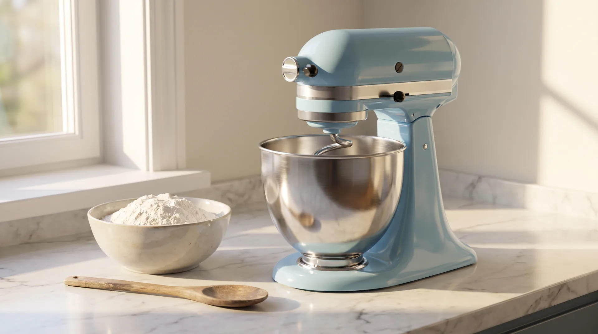 A pastel blue stand mixer with a steel bowl on a white marble counter beside flour and a wooden spoon in morning light.