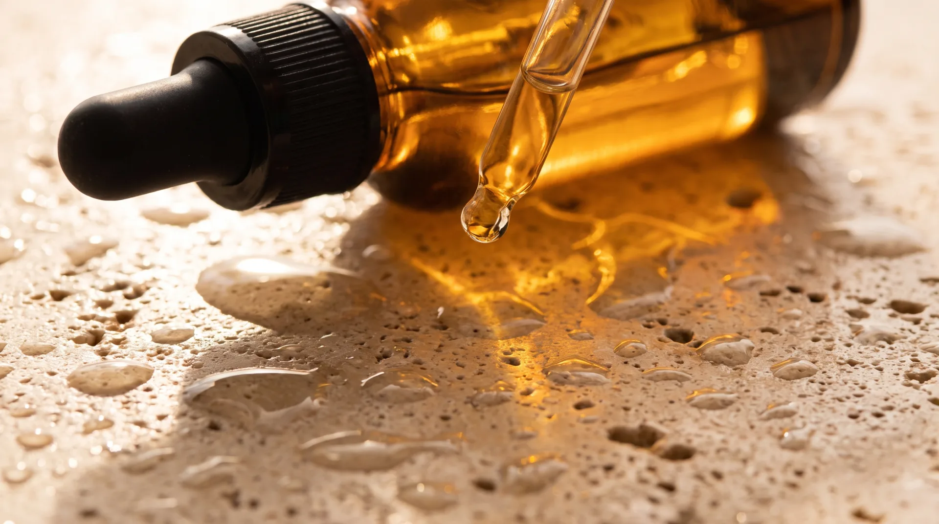 An amber glass serum bottle with a dropper releasing a golden drop onto wet travertine stone.