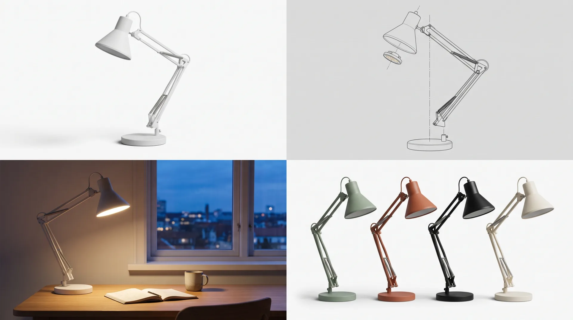 One desk lamp shown four ways: a white-background packshot, an exploded view of its parts, a lifestyle scene on an oak desk at dusk, and four color variants side by side.