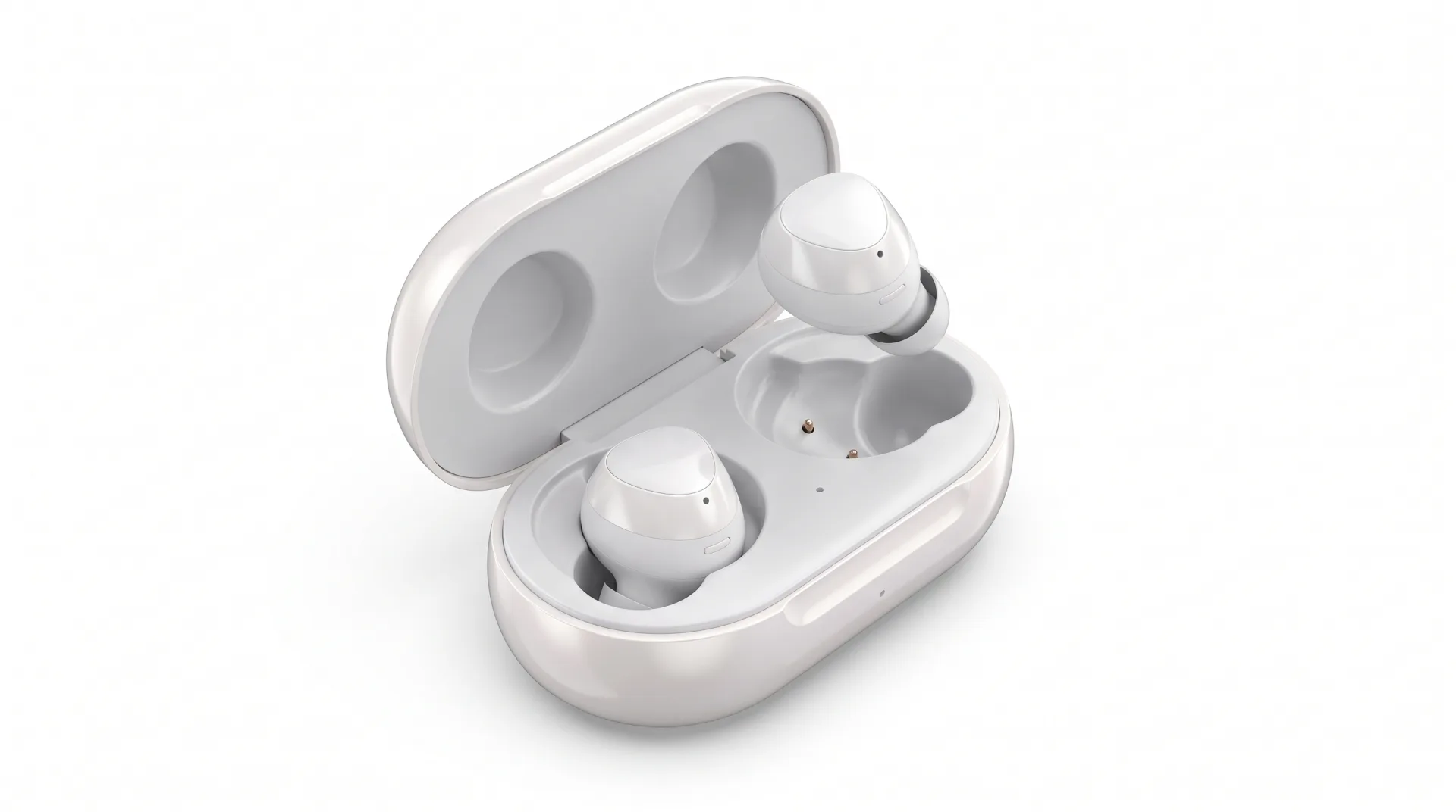 Wireless earbuds in an open white charging case on a white background, one earbud lifted above its slot.