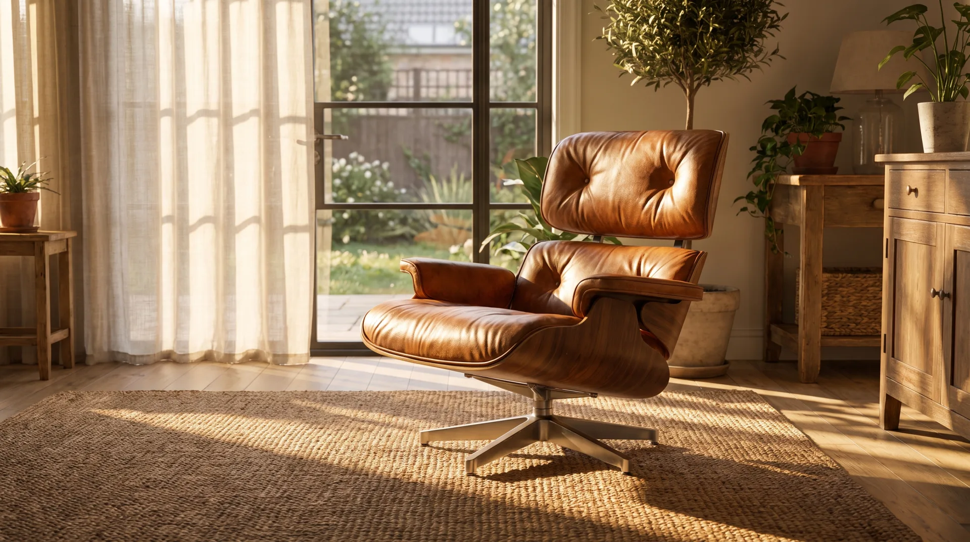 A cognac leather lounge chair with a walnut shell in a sunlit living room on a jute rug.