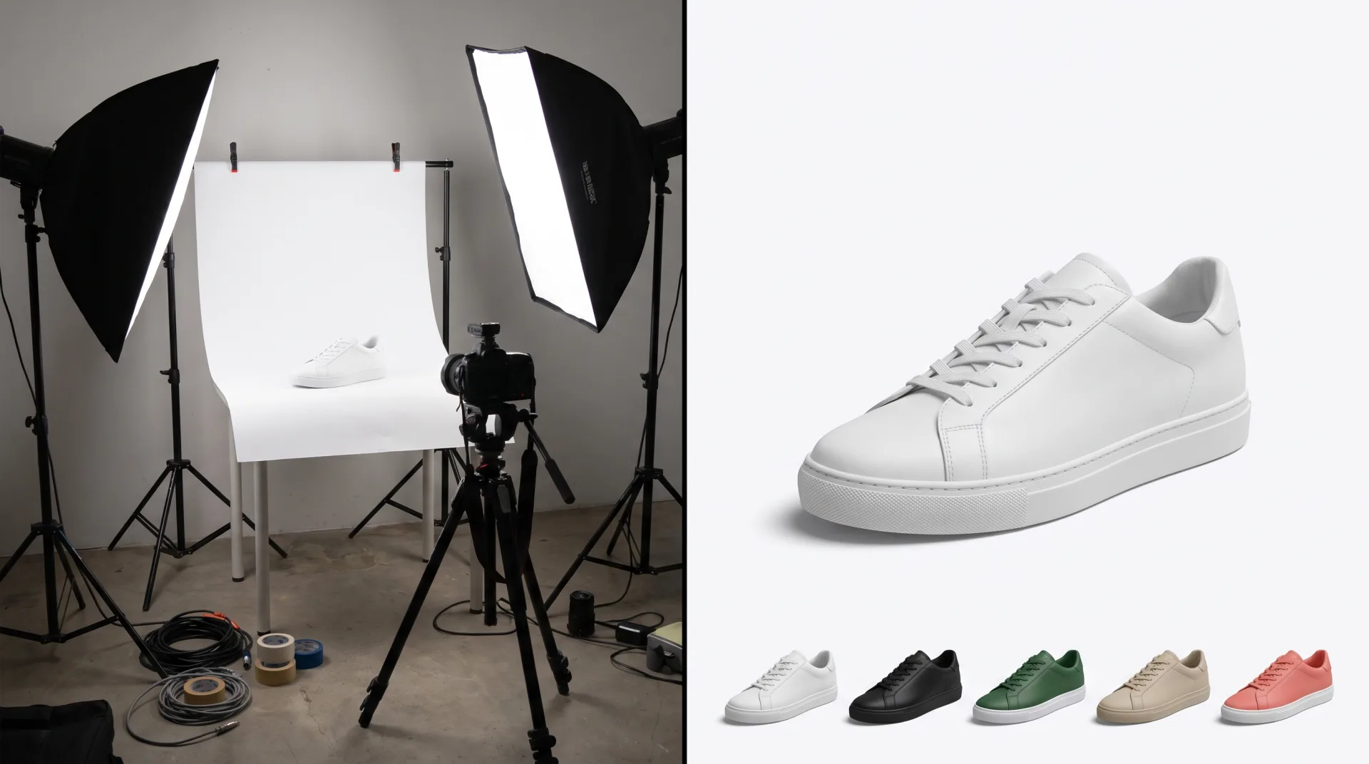 A split image: on the left a sneaker photographed in a studio with softboxes and a tripod, on the right the same sneaker as a clean render with five colorways lined up below.