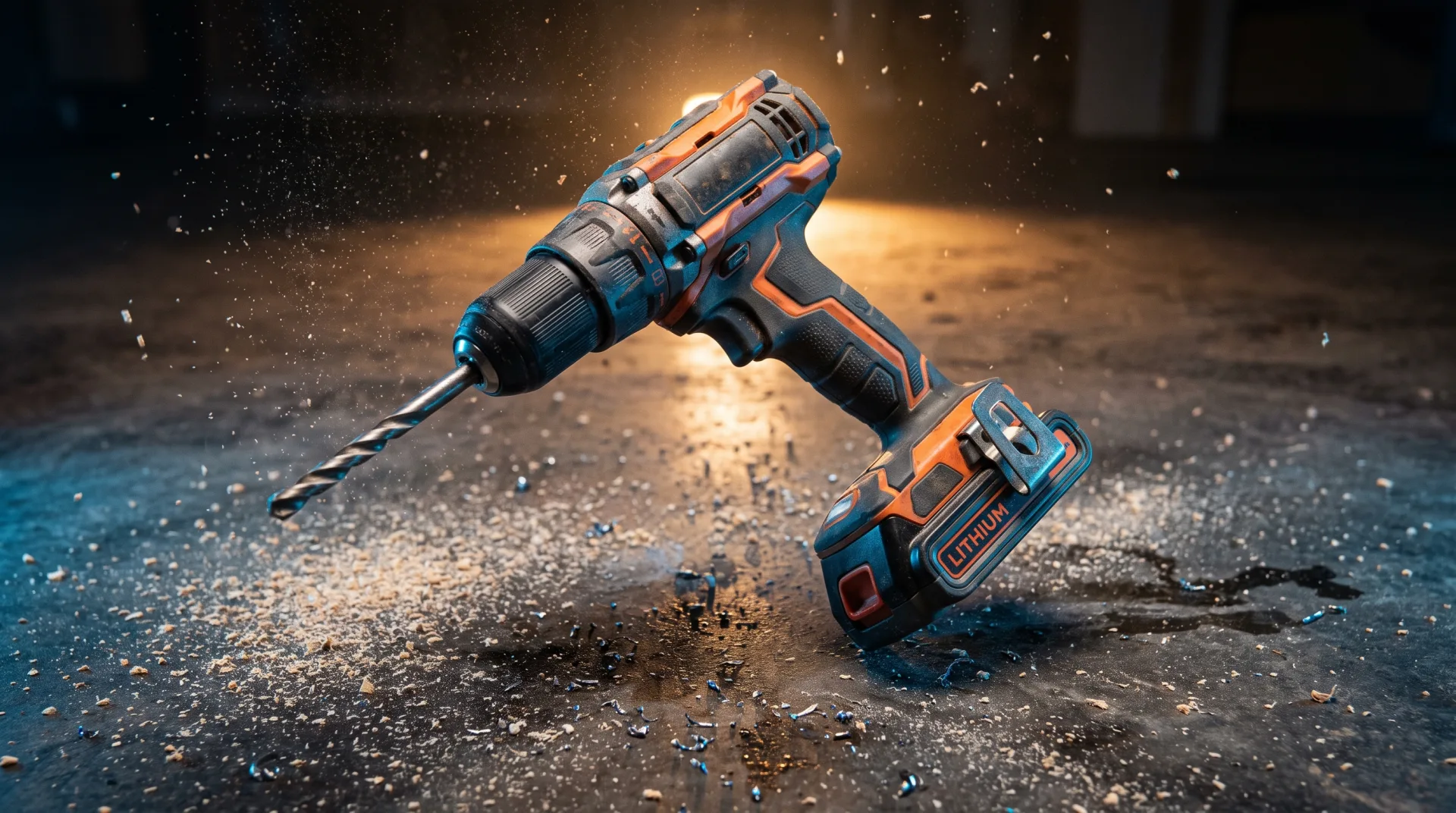 A charcoal and orange cordless drill tilted above a dark concrete floor with sawdust floating in the light.