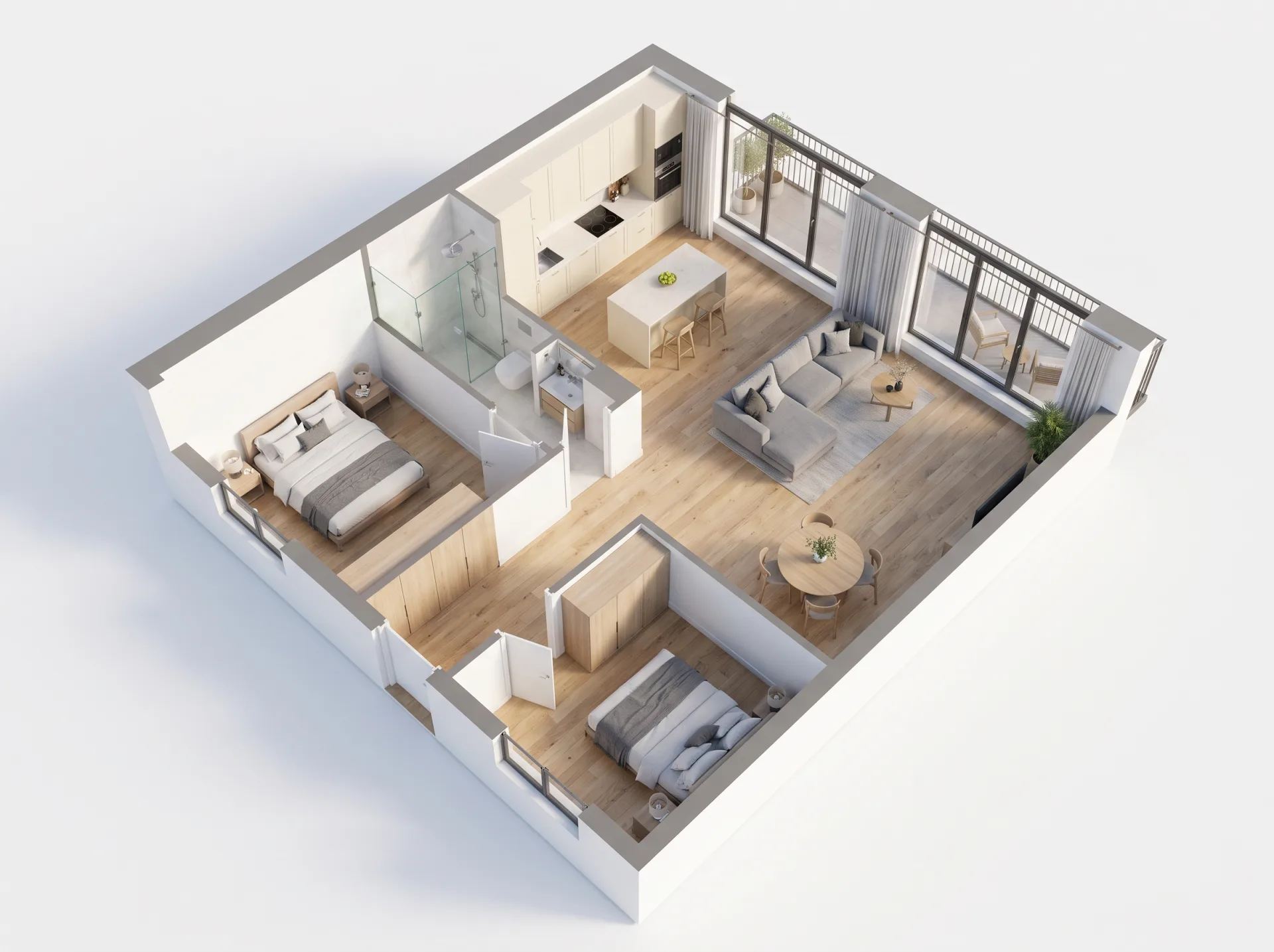 A furnished 3D floor plan of a two-bedroom apartment seen from above, with oak floors, an open kitchen, two bedrooms and a balcony.