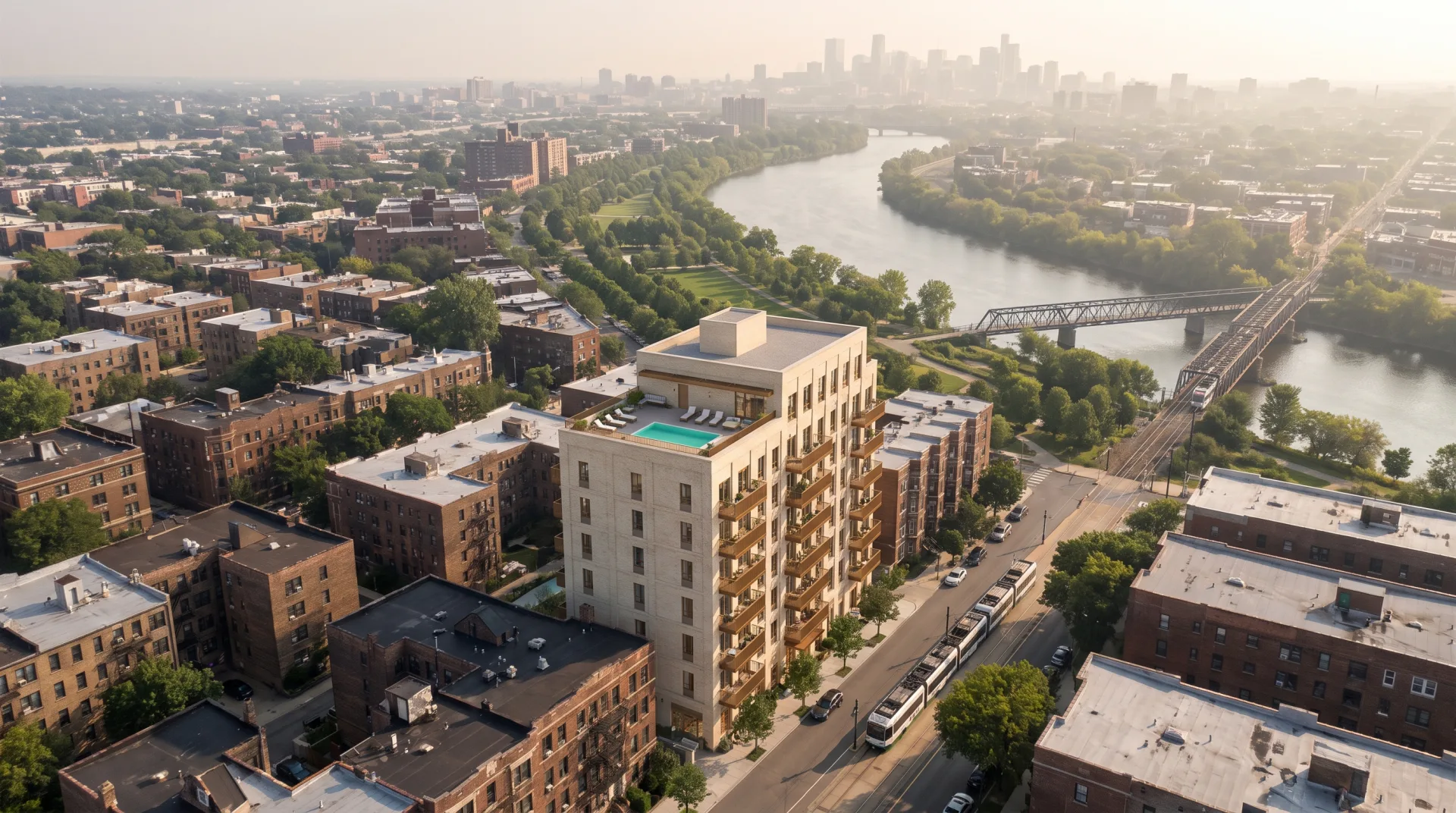An aerial view of the pale brick apartment building with a rooftop pool among older blocks beside a river and a light rail line.