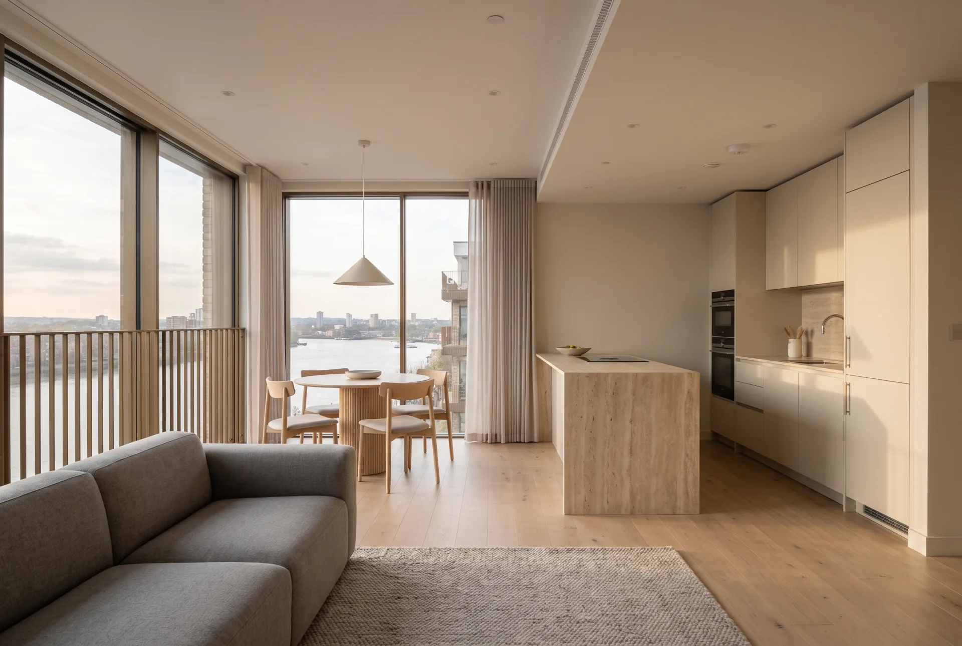 A bright two-bedroom unit living room and kitchen with oak floors, a cream kitchen and a river view past a bronze balcony rail.