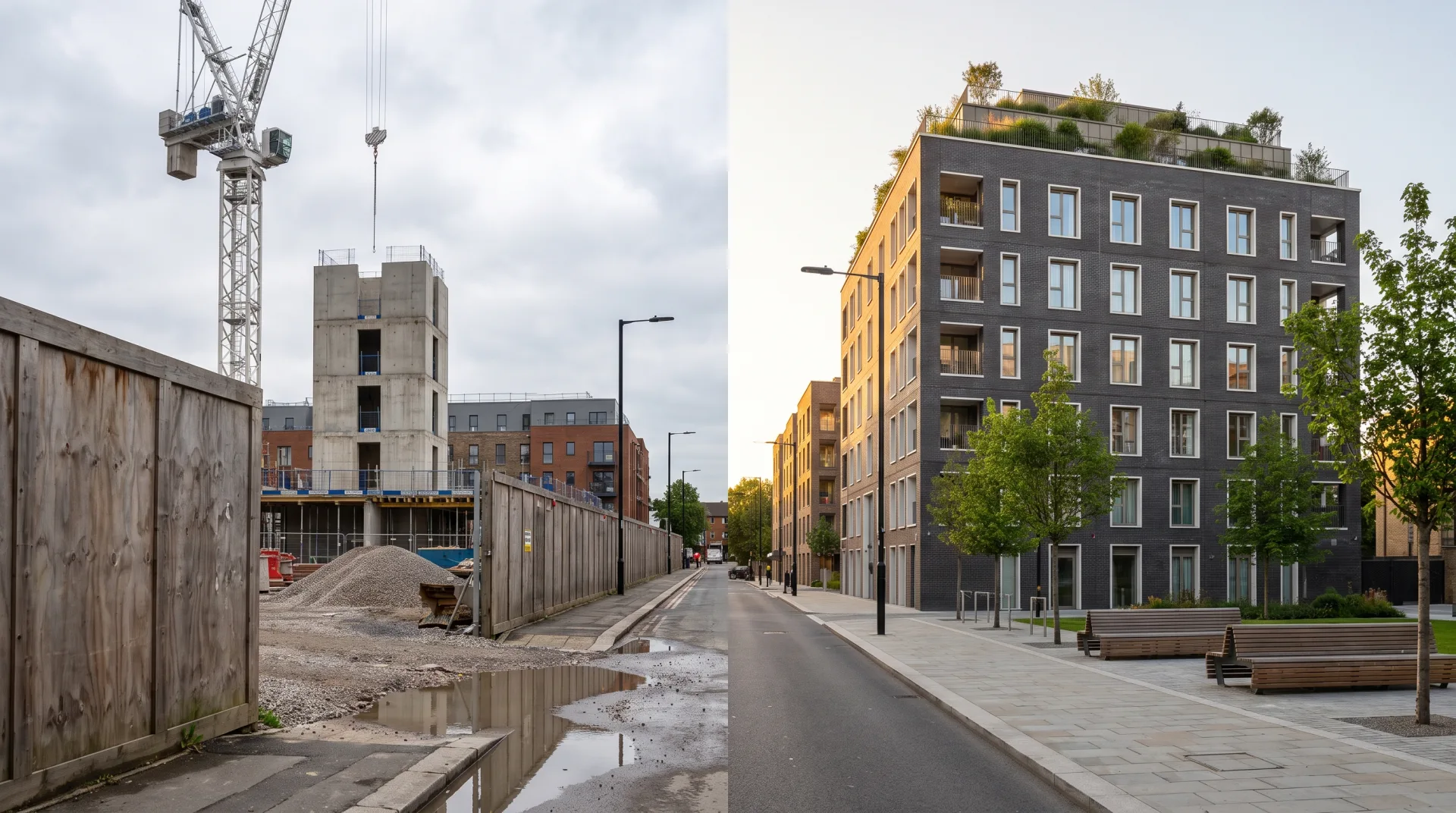 The same street view split in two: a construction site with a crane on the left, the finished charcoal brick apartment building as a rendering on the right.
