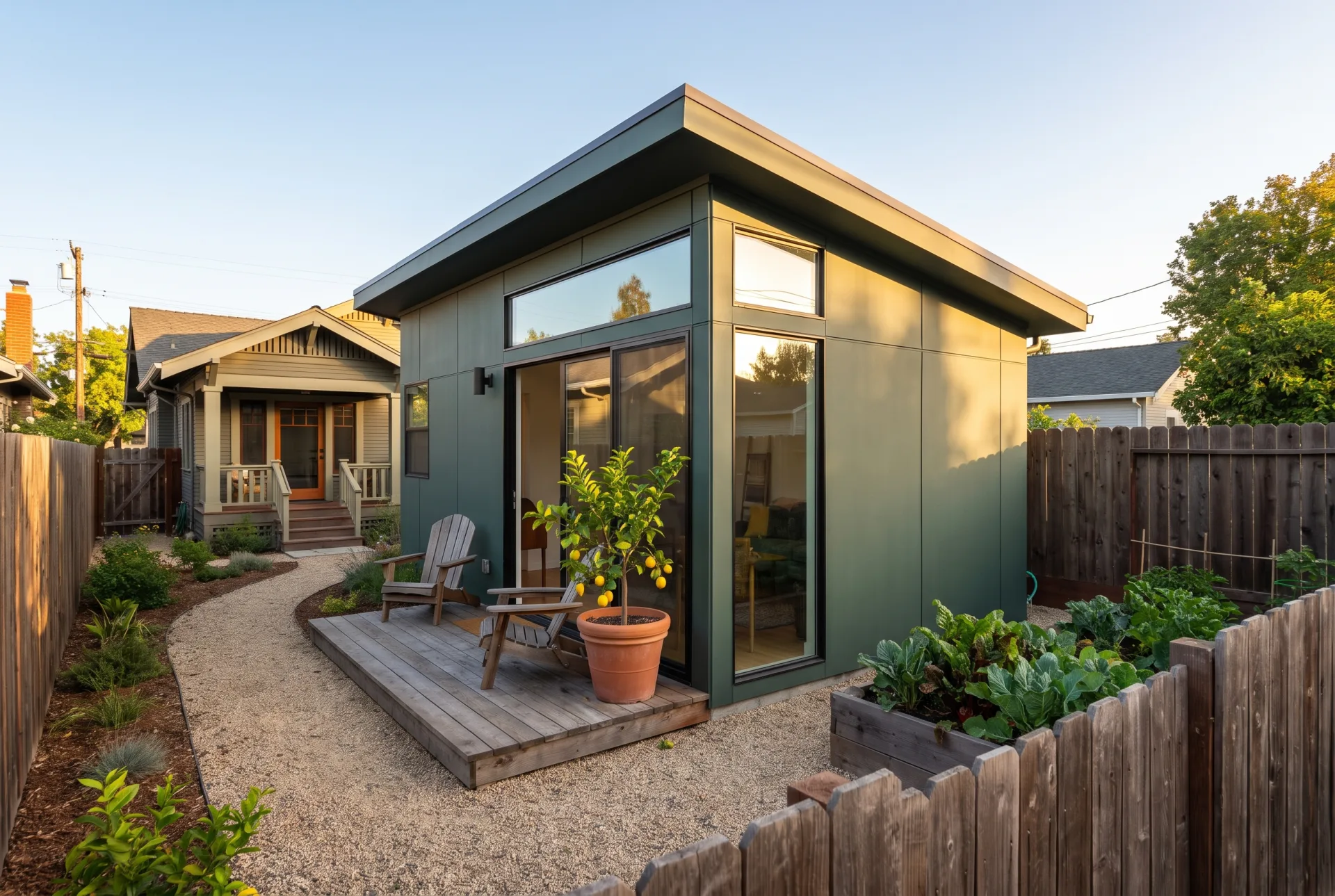 A small green shed-roof ADU cottage with a glazed corner and deck in the backyard of an older bungalow.