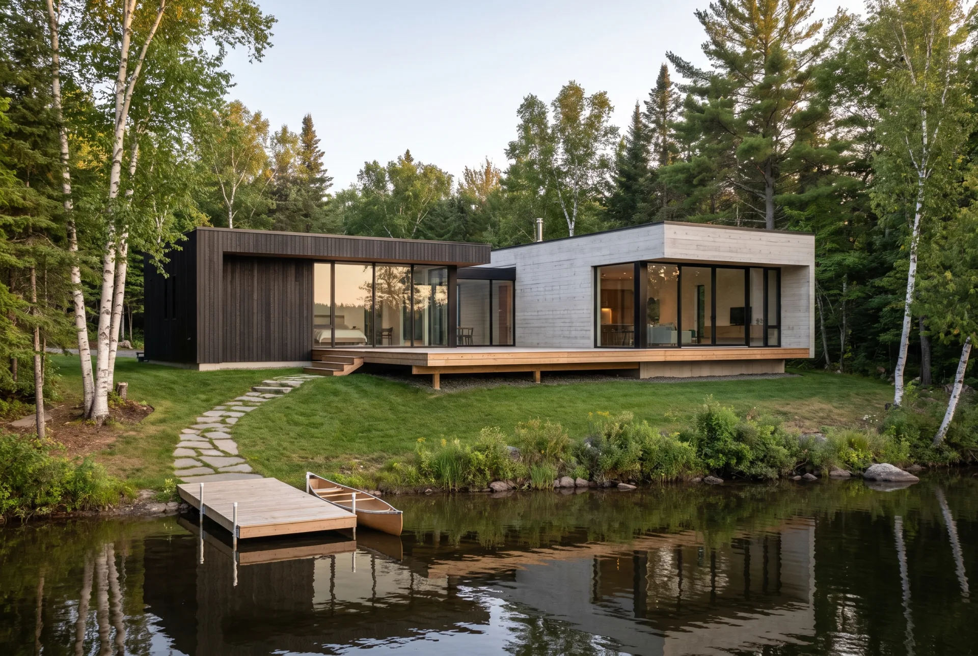 A contemporary lake house in charred cedar and concrete with full-height glass and a timber deck among birches and pines.