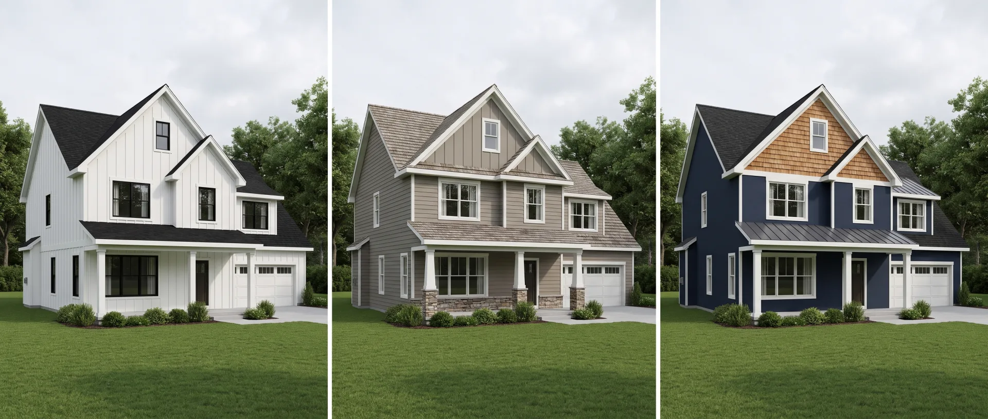The same two-story house plan rendered three times side by side in white, warm gray with stone, and navy with cedar shake.