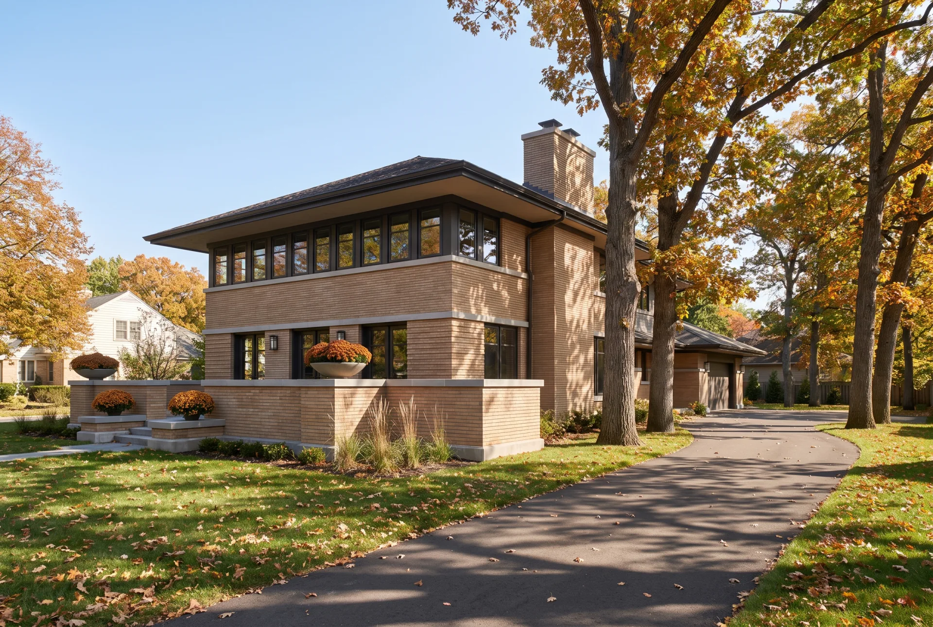 A new two-story Prairie-style house with deep eaves, tan brick bands and ribbon windows under early autumn oaks.