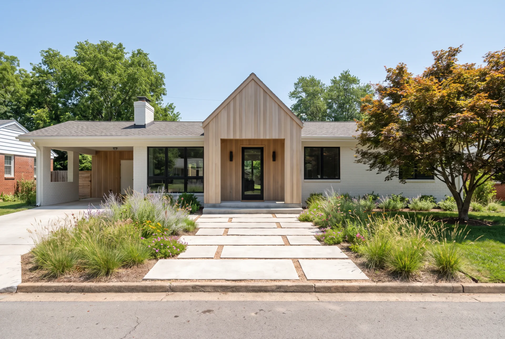 A long 1960s ranch house remodeled with painted white brick, a new oak-clad entry gable and large black windows.