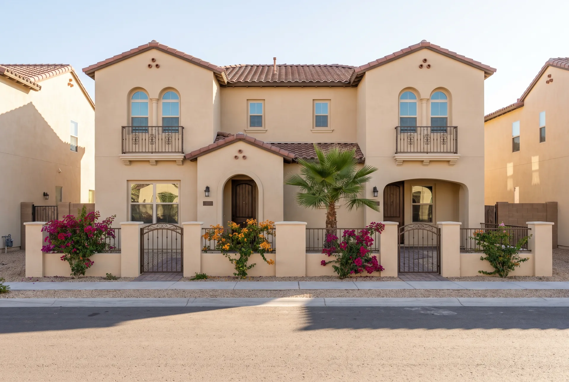 Two attached sand-colored stucco townhouses with red tile roofs, arched entries and iron balconies in bright sun.