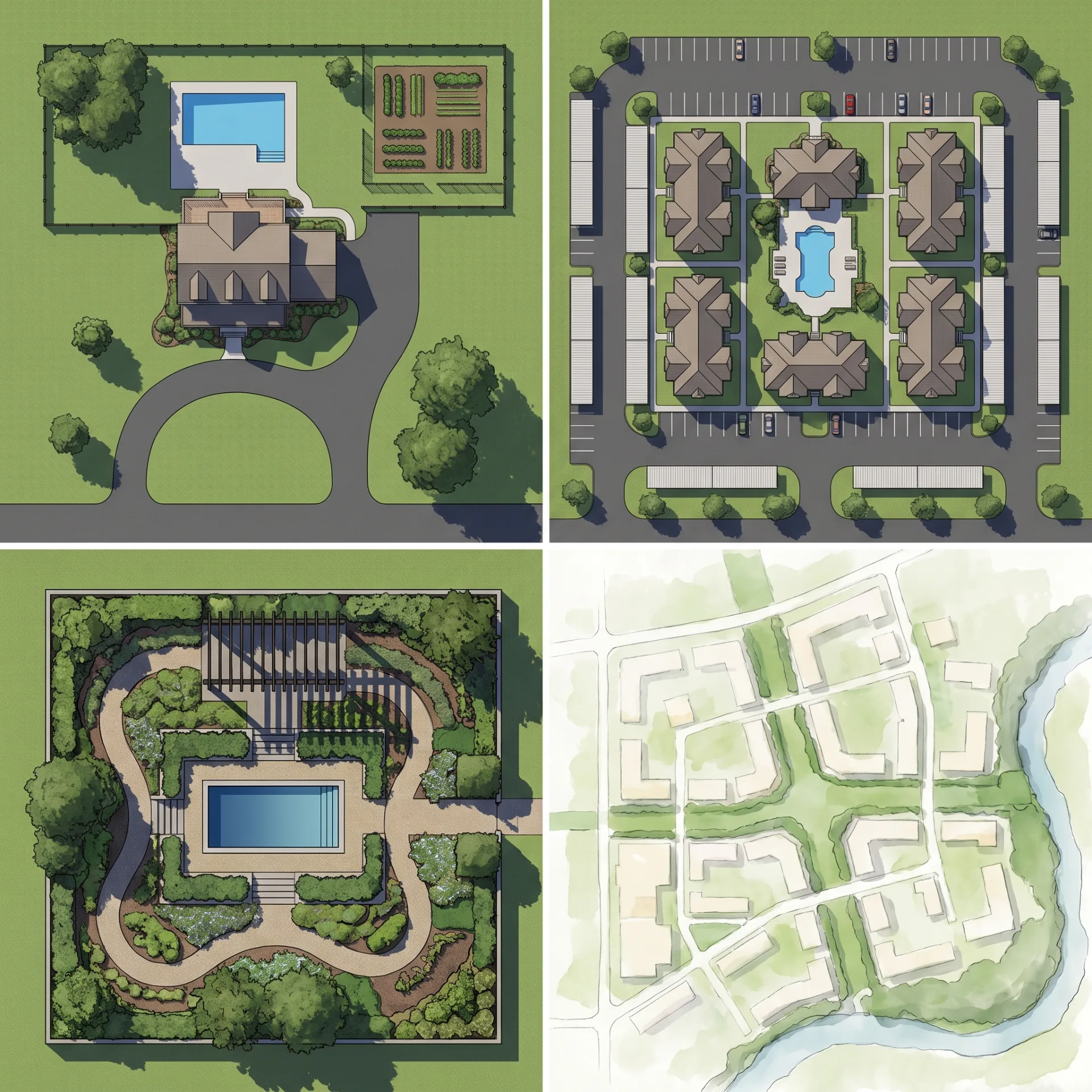 Four rendered site plans: a house on its lot, an apartment complex, a garden landscape plan and a soft conceptual master plan.