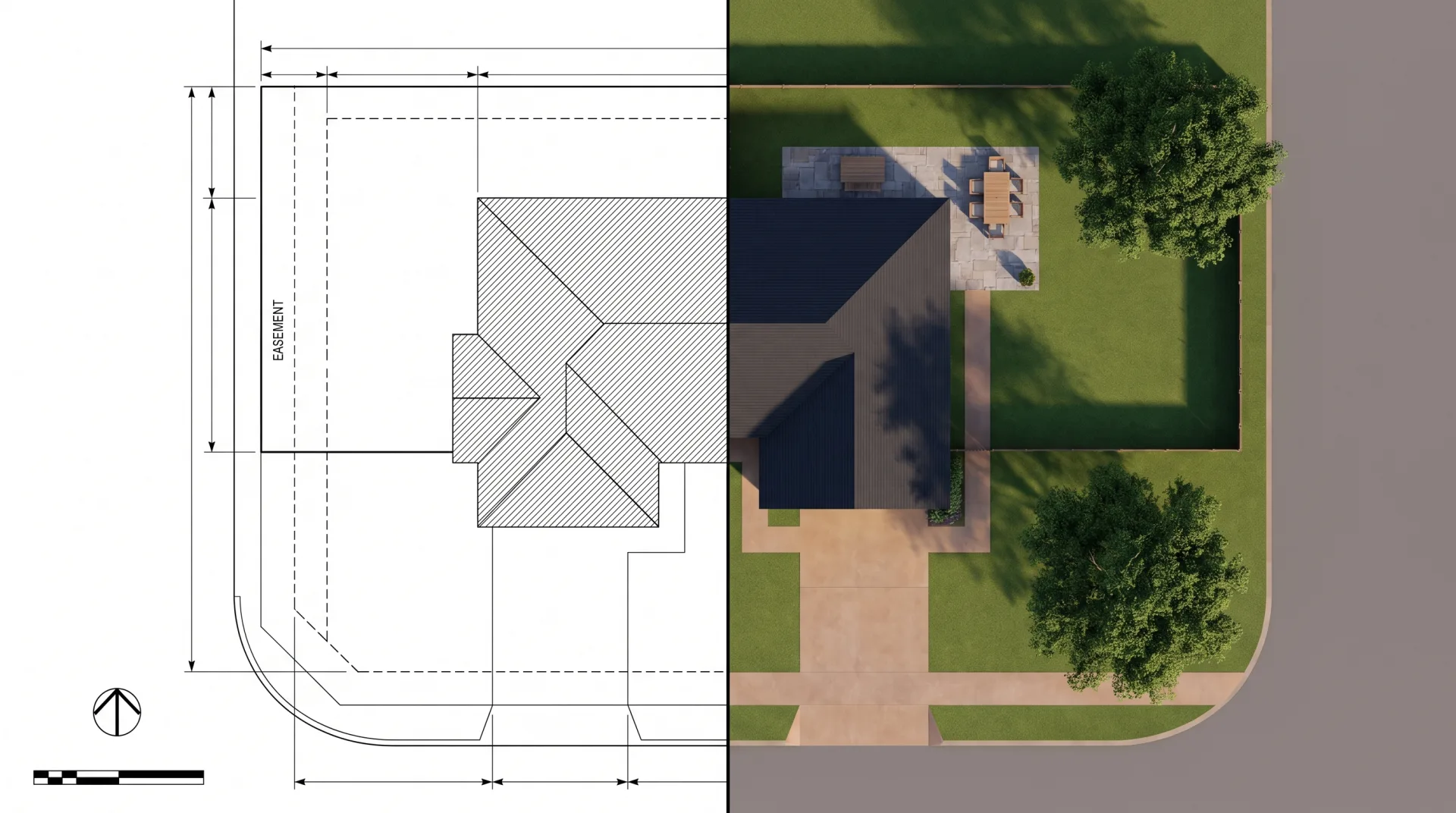 The same corner lot shown twice: on the left a black-line permit plot plan with dimension and setback lines, on the right a rendered color site plan with lawn, trees and shadows.