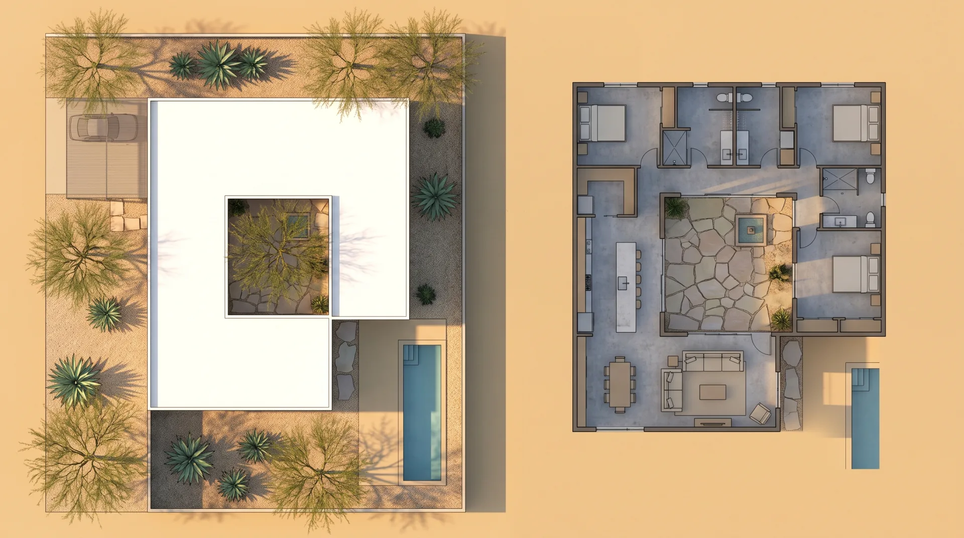 A desert courtyard house as a site plan showing the lot, pool and garden, beside its floor plan showing the rooms with the roof removed.
